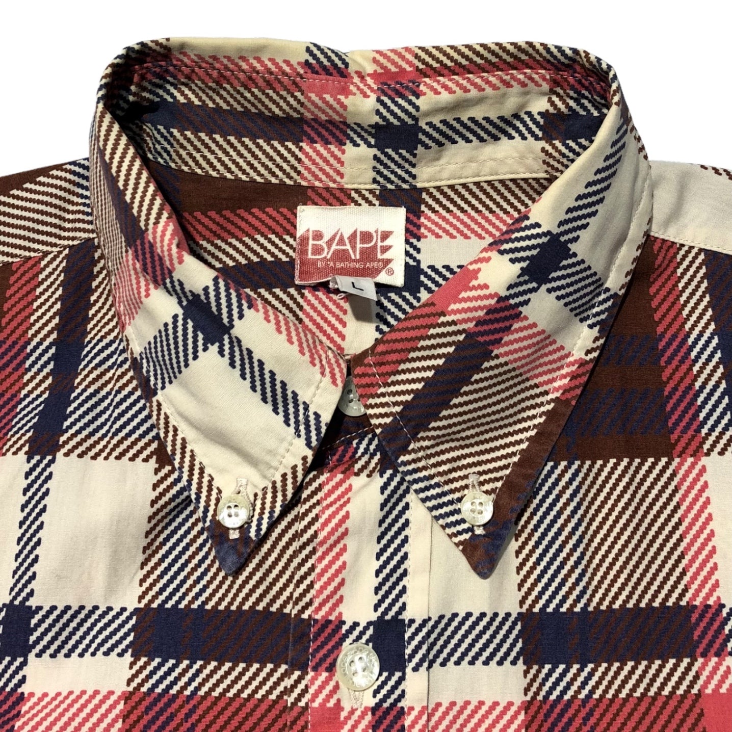 A BATHING APE(アベイシングエイプ) 00's BAPE check short sleeve shirt チェック 半袖シャツ L アイボリー×レッド
