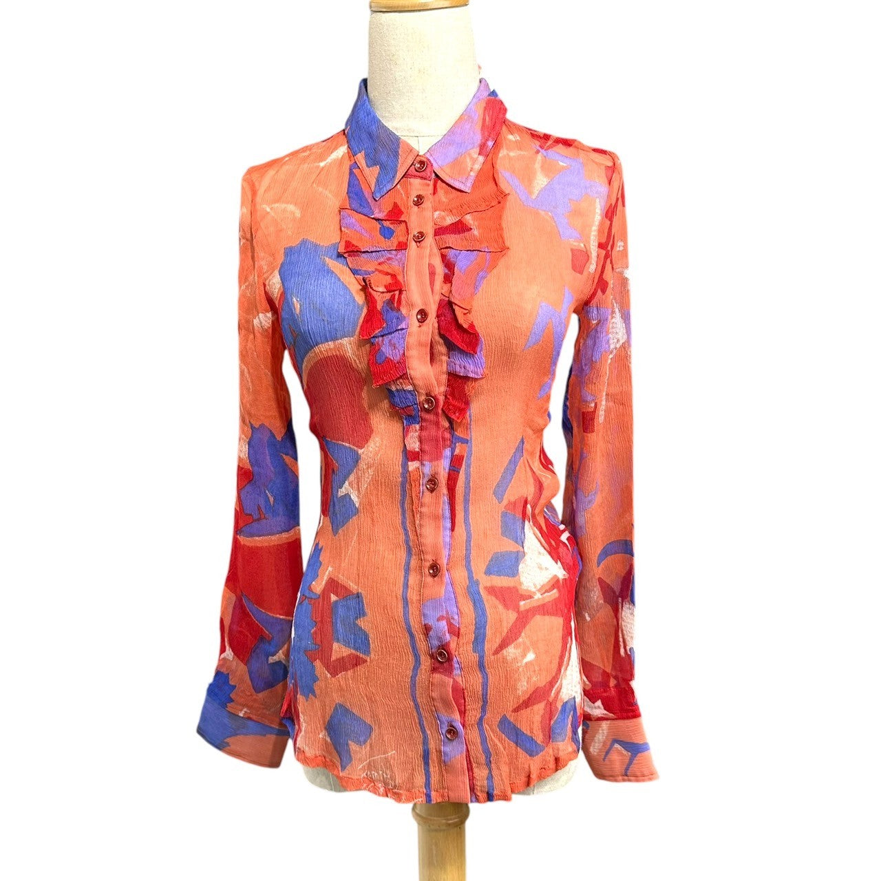 MARITHE FRANCOIS GIRBAUD(マリテフランソワジルボー) 00s all-over silk blouse shirt 総柄 シルク ブラウス シャツ F7-5409 S レッド×ブルー