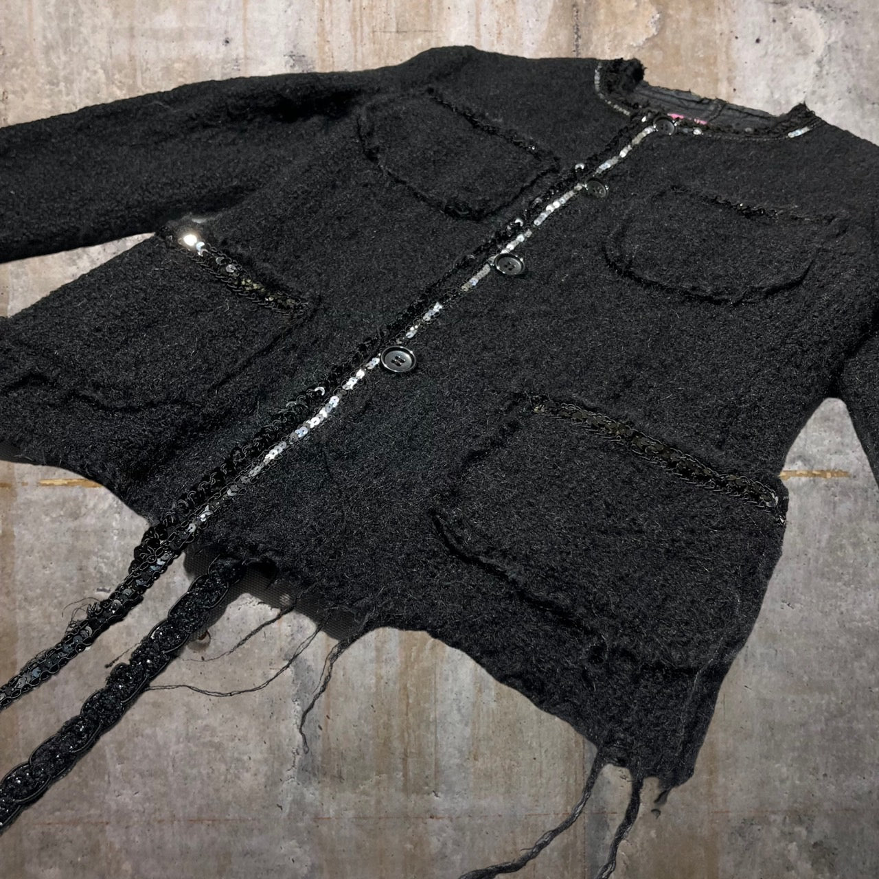 COMME des GARCONS JUNYA WATANABE MAN PINK(コムデギャルソンジュンヤワタナベマンピンク) 05AW sequin tweed jacket/スパンコールテープツイードジャケット/ノーカラーウールジャケット UP-J025 S ブラック AD2005