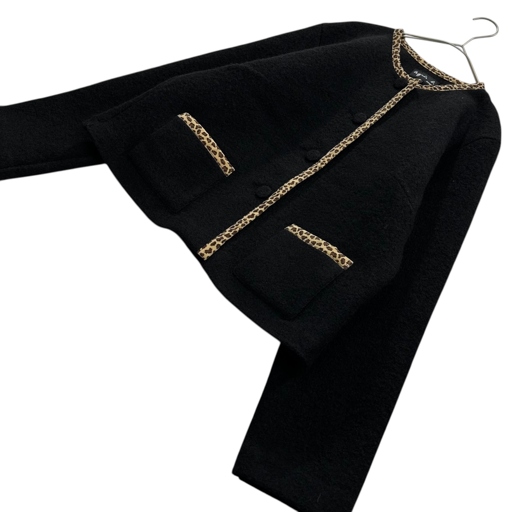 agnes b.(アニエスベー) Leopard Wool Collarless Jacket レオパード ウール ノーカラー ジャケット G648JW63 3(L程度) ブラック
