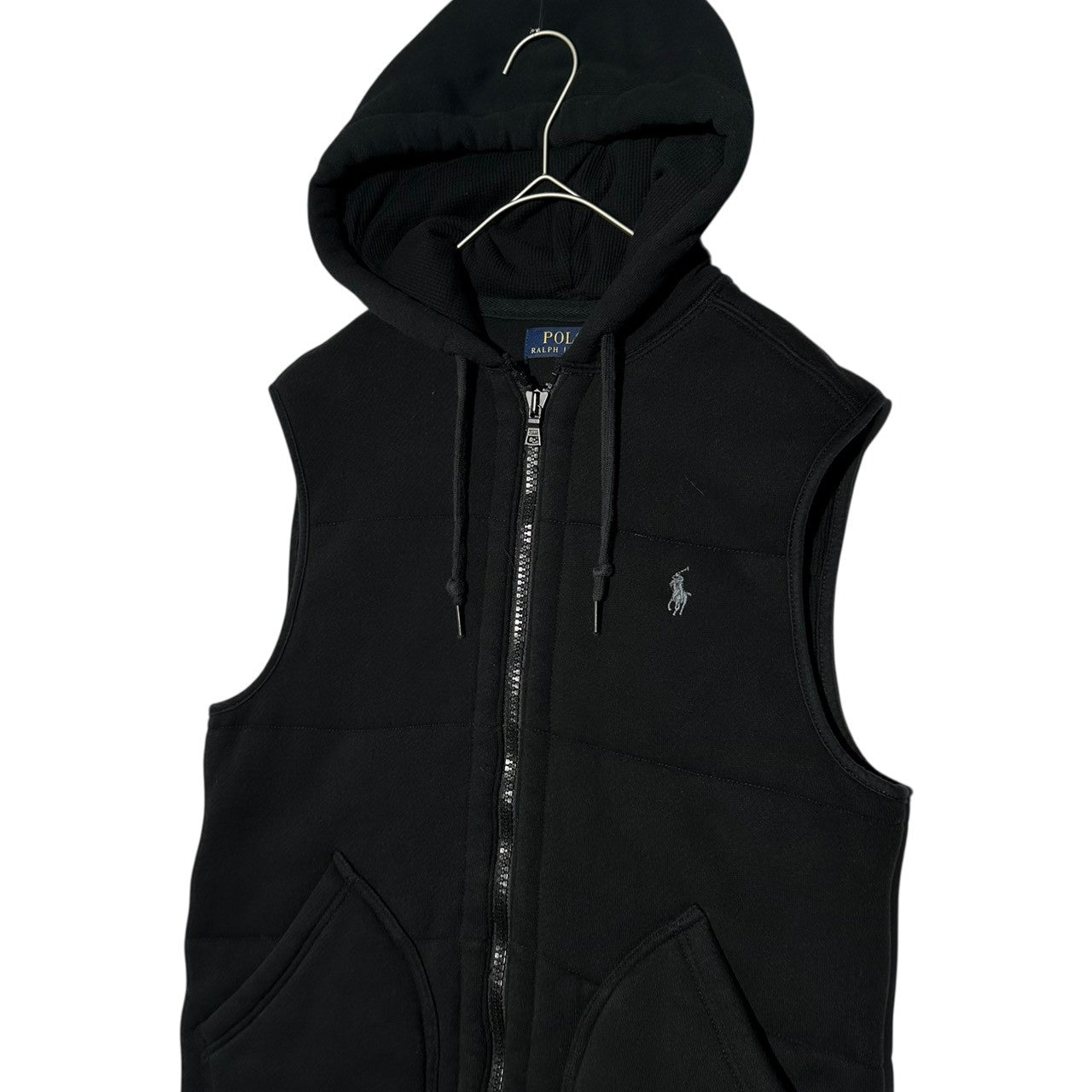 POLO RALPH LAUREN(ポロラルフローレン) Logo Embroidered Hooded Sweatshirt Vest ロゴ刺繡 フーデット スウェット ベスト 710620160002 XS ブラック サーマル裏地