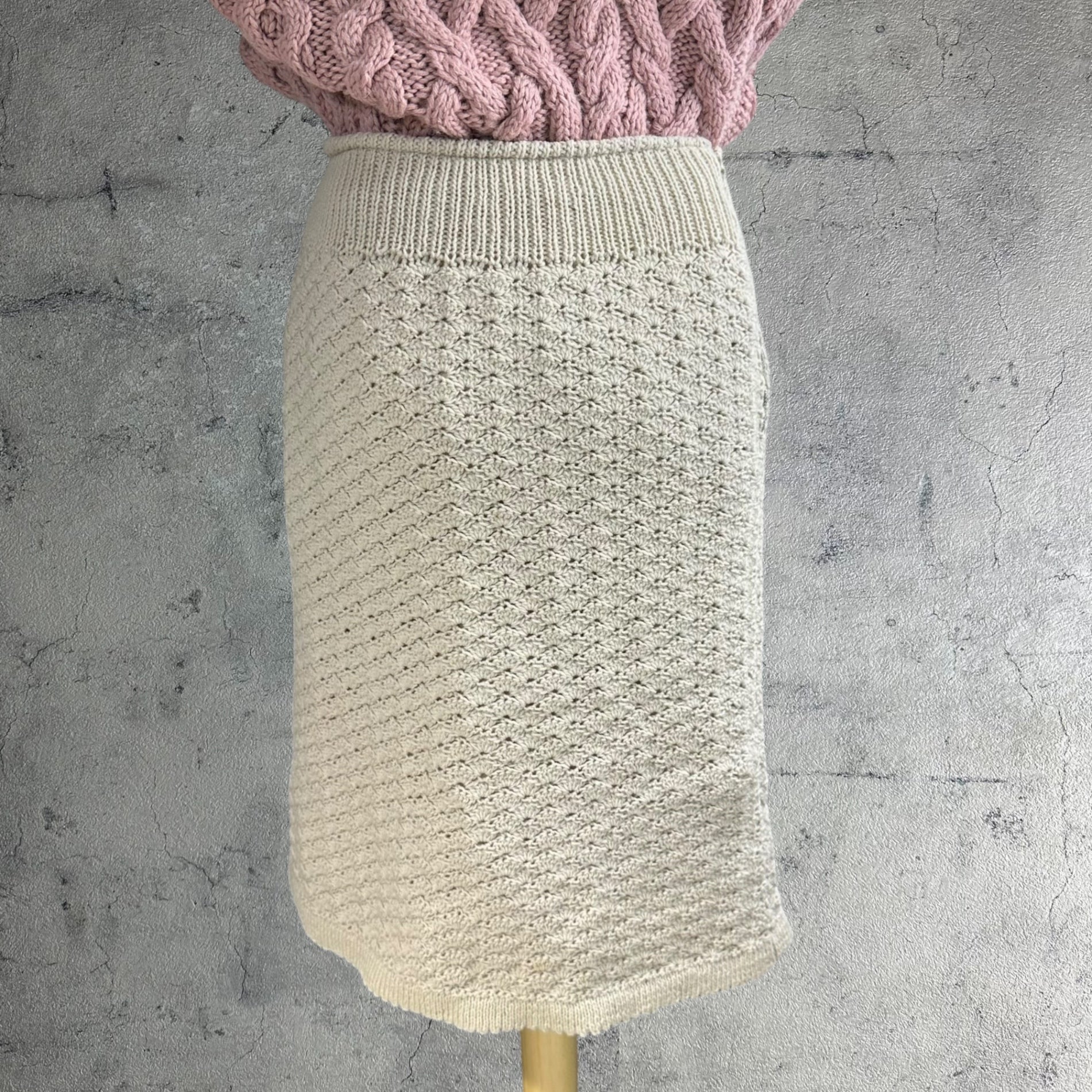 Euro vintage(ヨーロッパヴィンテージ) 70's Mont Blanc_ami ami lace knit skirt ニットレース編みスカート 表記無し(Mサイズ程度) ベージュ / 後見頃裾に汚れ有
