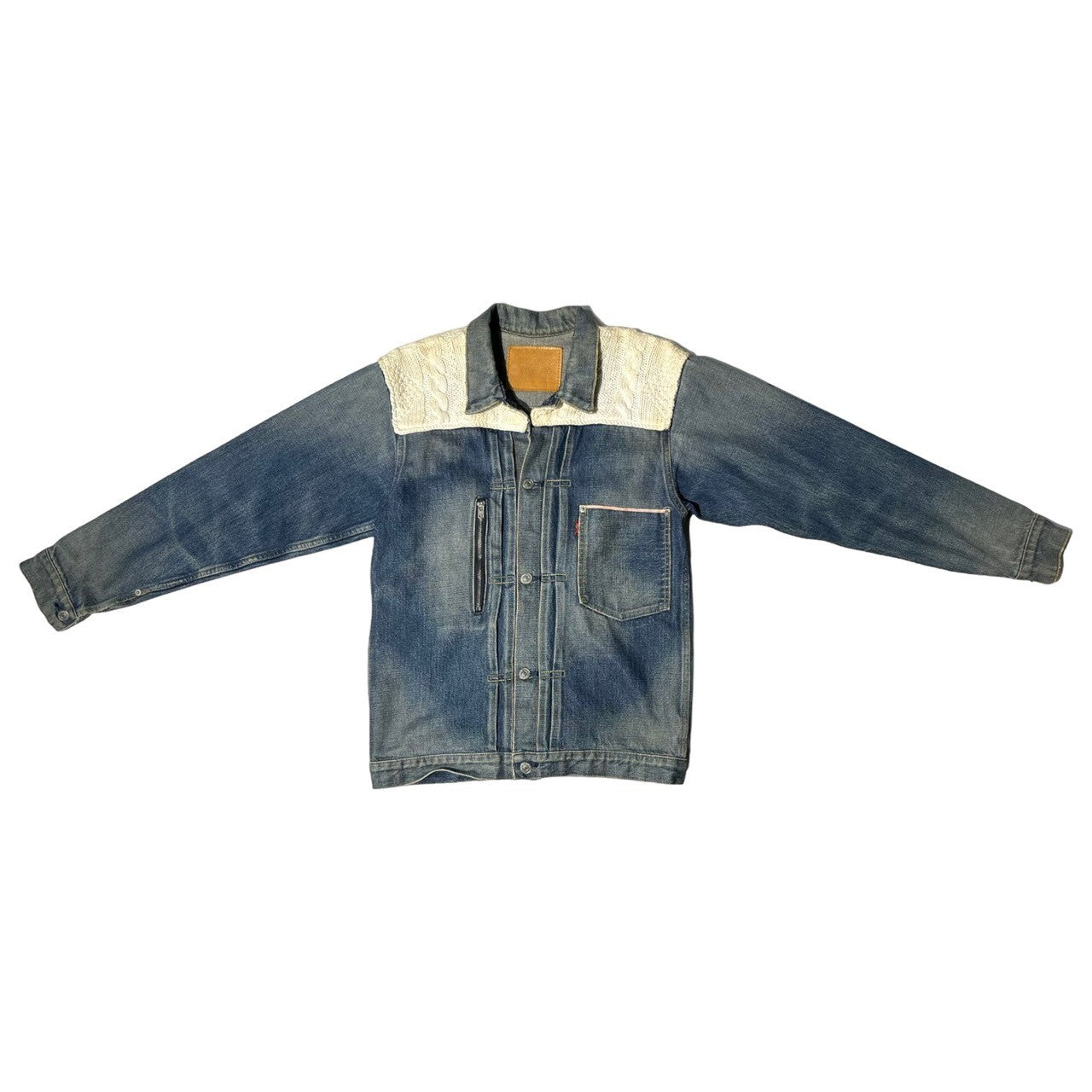 FRAGMENT DESIGN × LEVI'S FENOM(フラグメントデザイン×リーバイスフェノム) 00's Knit switching 1st model trucker denim jacket ニット切替 ファーストモデル トラッカー デニムジャケット 3016-2 FM13-0001 M インディゴ×オフホワイト 藤原ヒロシ モンクレールコラボ元ネタ ヴィンテージ加工(汚れは加工です)