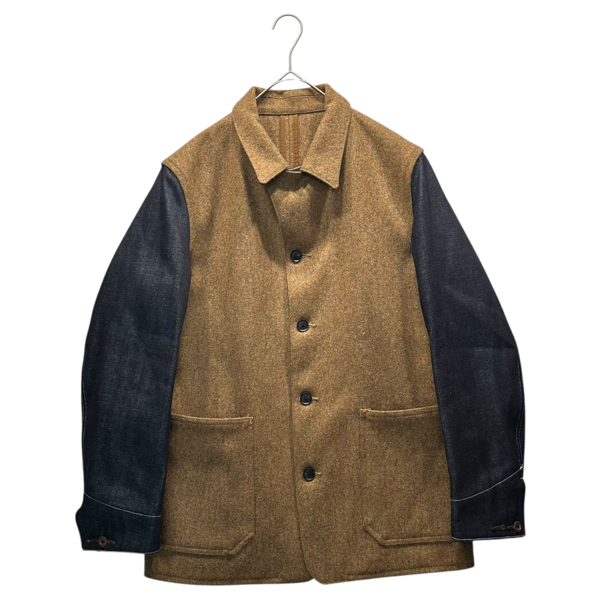 FRANKLIN TAILORED(フランクリンテーラード) Military-Inspired Sampling Sleeve Denim Panel Melton Coverall Jacket ミリタリー サンプリング 袖 デニム 切替 メルトン カバーオール ジャケット 89ACA1 4(L~XL程度) ブラウン×インディゴ