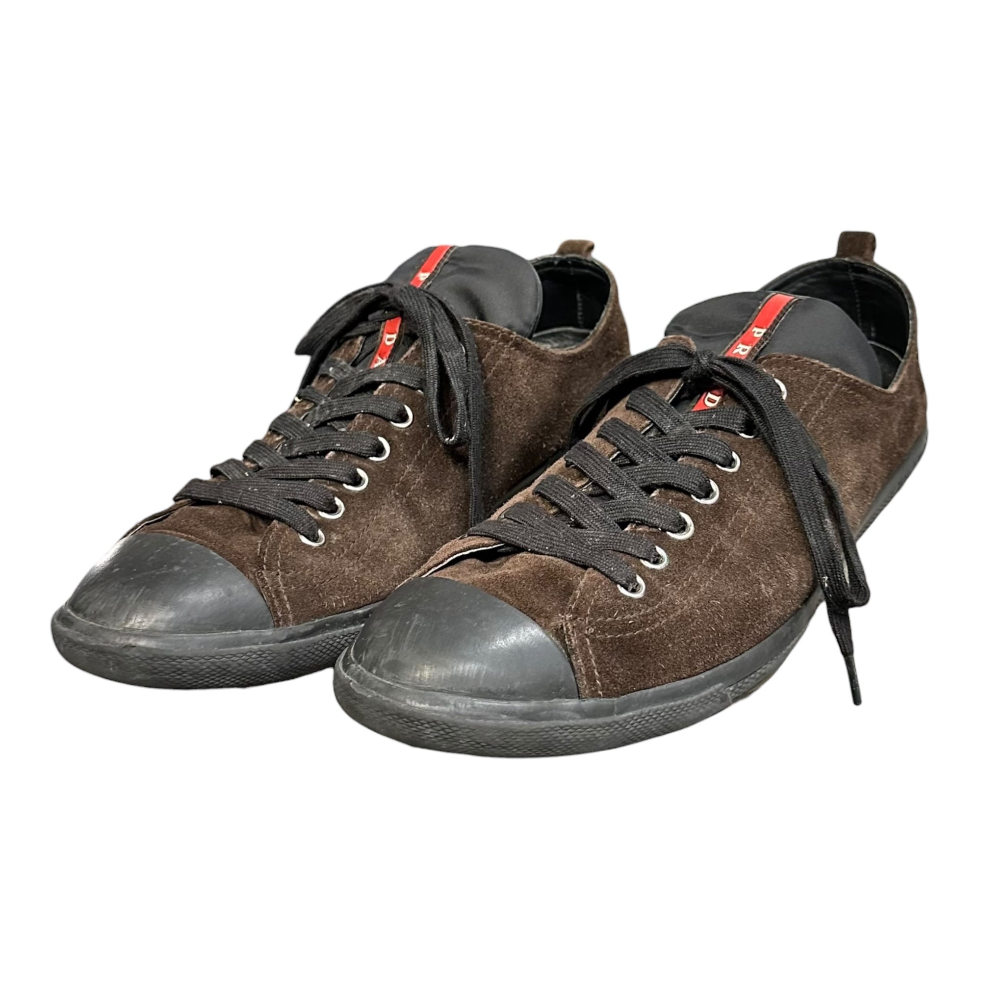 PRADA(プラダ) Suede Low-Top Sneakers スウェード ローカット スニーカー 4E2105 9(27.0cm程度) ブラウン×ブラック×レッド