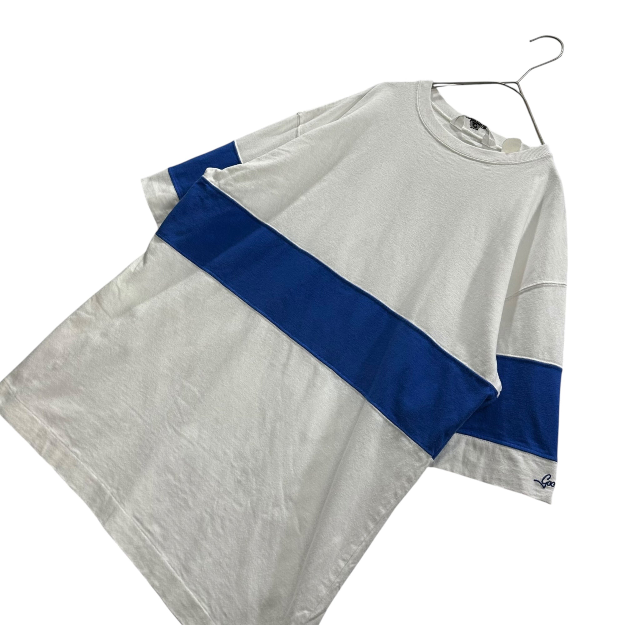 GOODENOUGH(グッドイナフ) 90's Line-blocked s/s T-shirt ライン 切替 半袖 Tシャツ 表記消(L程度) ホワイト×ブルー