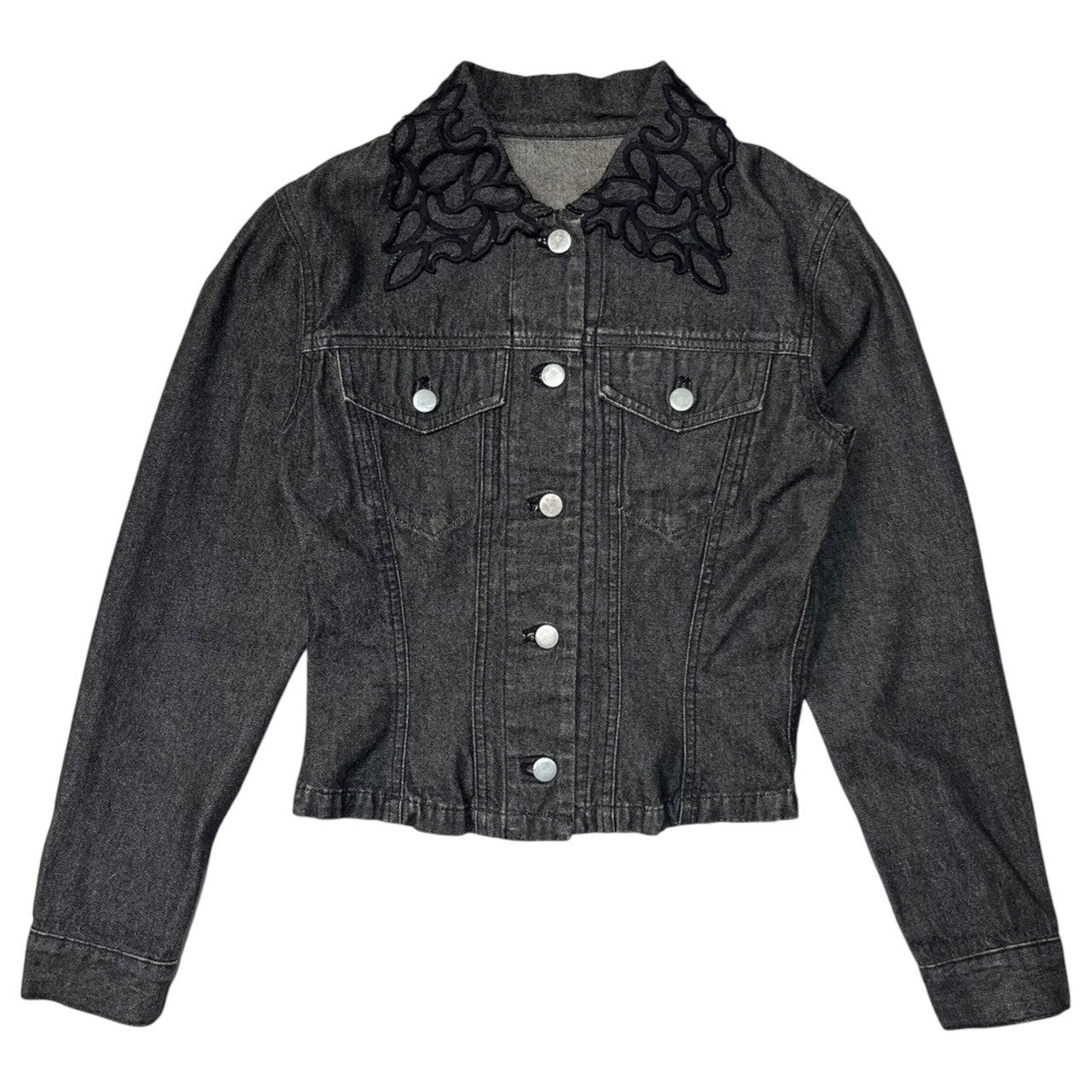 i.s. ISSEY MIYAKE(アイエス イッセイミヤケ) 90's Lace collar short denim jacket レース カラー ショート丈 デニム ジャケット IS23-FC001 M ブラック アーカイブ 90年代