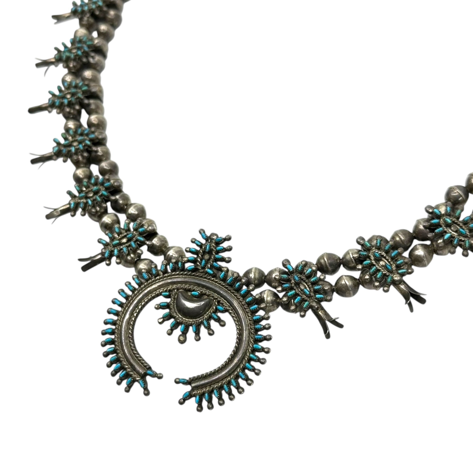 Indian jewelry(インディアン ジュエリー) Zuni Vintage Turquoise Naja Squash Blossom Necklace ズニ族 ヴィンテージ ターコイズ ナジャ スカッシュブロッサム ネックレス シルバー×ターコイズ