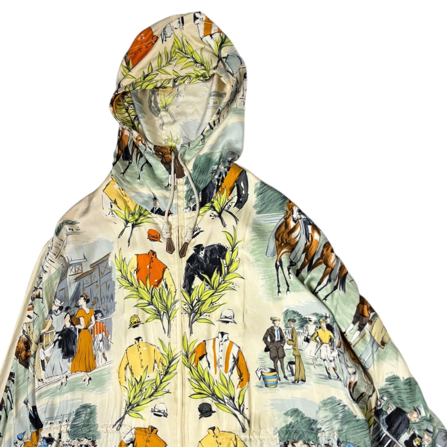 HERMES(エルメス) 90's ”maurice taquoy” Silk Scarf Hooded Jacket 競走馬 シルク スカーフ フーデッド ジャケット 40(L程度) アイボリー×オレンジ 90年代 ヴィンテージ エルメスジャポンタグ メンズ着用可能サイズ アーカイブ
