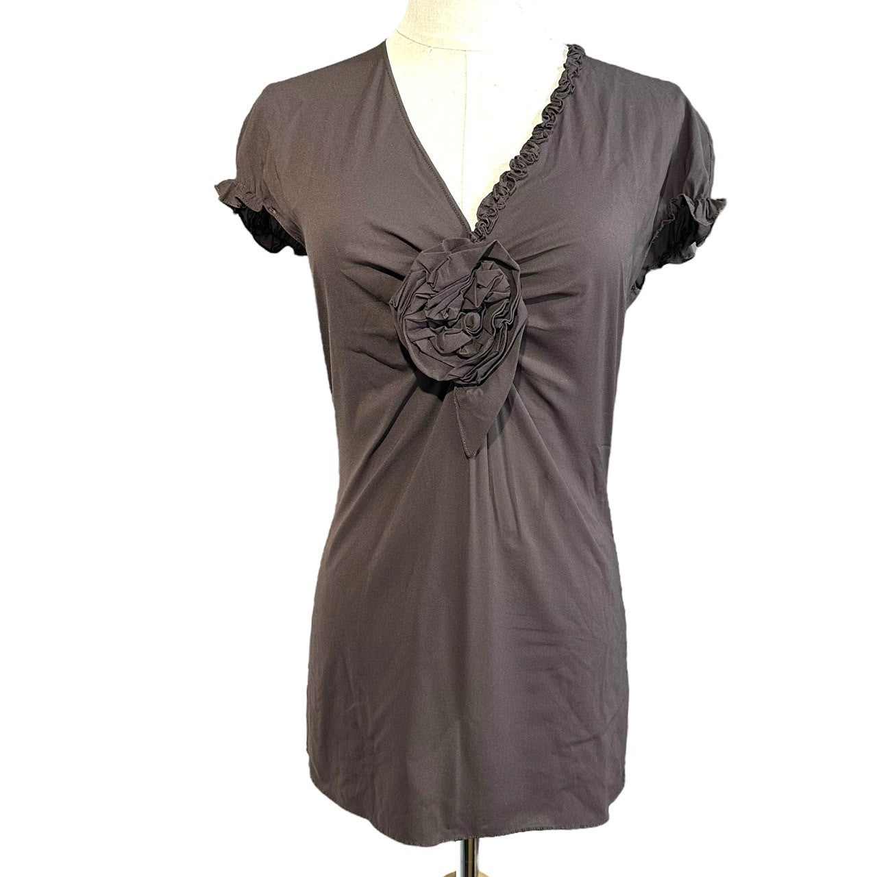 D&G(ディー&ジードルガバドルチェ&ガッバーナ) 02AW Flower Motif V-Neck Silk Short-Sleeved Blouse フラワーモチーフ Vネック シルク 半袖 ブラウス ETO2R UAAG 38(M) ブラウン