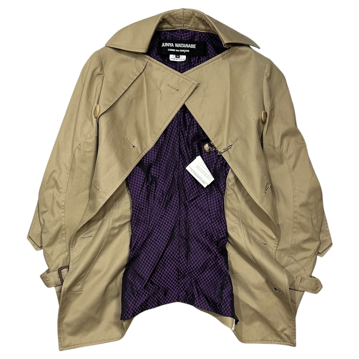 JUNYA WATANABE COMME des GARCONS(ジュンヤワタナベコムデギャルソン) 2006SS Inner Gingham-Check Chain Lock-Button Trench Half-Coat インナー ギンガム チェック チェーン ロック ボタン トレンチ ハーフ コート JQ-J006 SS ベージュ×パープル AD2005 00s アーカイブ