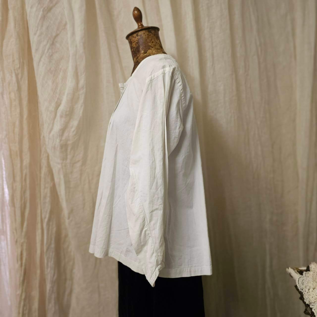 Euro vintage(ヨーロッパヴィンテージ) 20's~ center_open wide collar cotton blouse with scalloped lace スカラップレースのオープンカラーブラウス 表記無し(M~L程度) ホワイト / 薄っすらと小シミ有