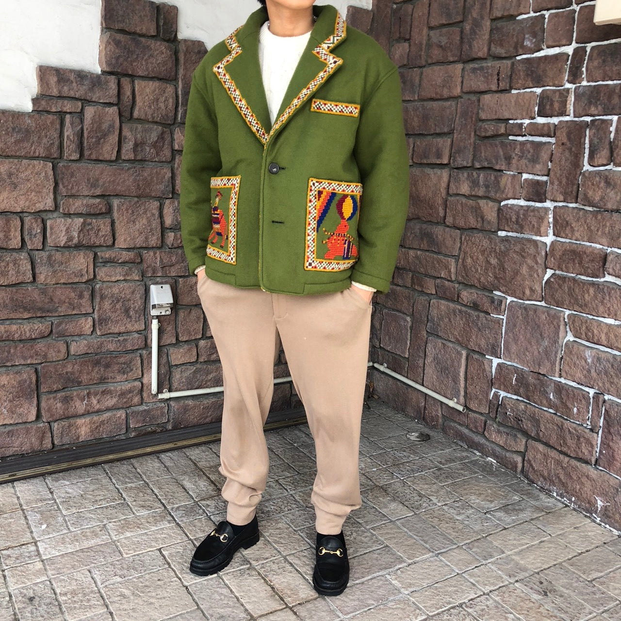 i.s. ISSEY MIYAKE(アイエス イッセイミヤケ) 80's Mexican stitch woolj acket/メキシカンステッチウールジャケット RG34010 M(メンズサイズ) グリーン