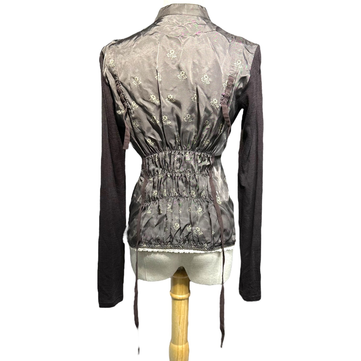 MARITHE FRANCOIS GIRBAUD(マリテフランソワジルボー) 00's Gathered Knit Sleeve Cupra Blouse ギャザー ニットスリーブ キュプラ シャツ ブラウス F7-5909 M ブラウン Y2K