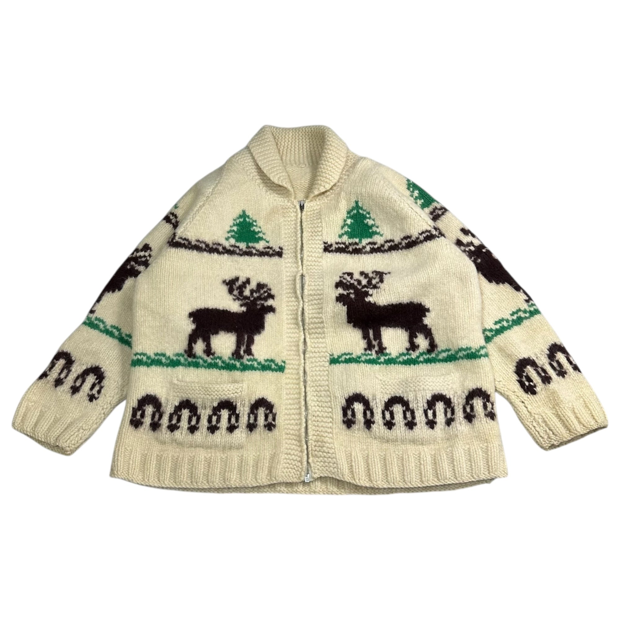 VINTAGE(ヴィンテージ) 60's~ LIGHTNING ZIP Vintage cowtin knit cardigan ライトニング ジップ ヴィンテージ カウチン ウール ニット カーディガン 表記無(L程度) アイボリー 推定60年代 鹿 ツリー ローゲージ