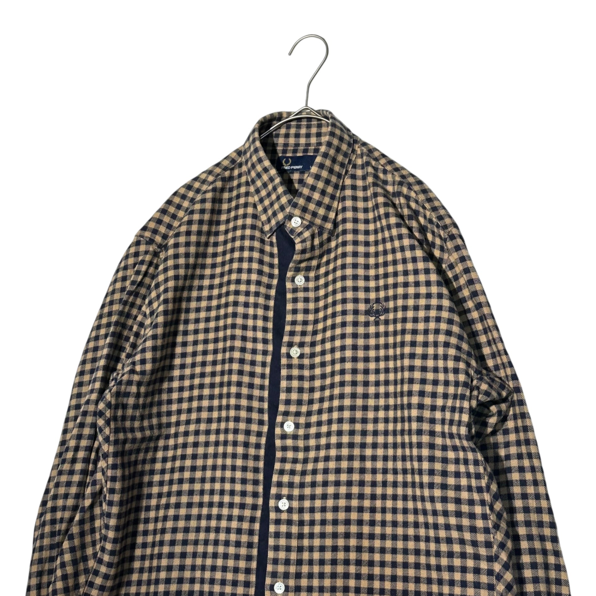 FRED PERRY(フレッドペリー) Gingham Check L/S Cotton Flannel Shirt ギンガムチェック 長袖 コットン フランネルシャツ F4448 L ベージュ×ネイビー