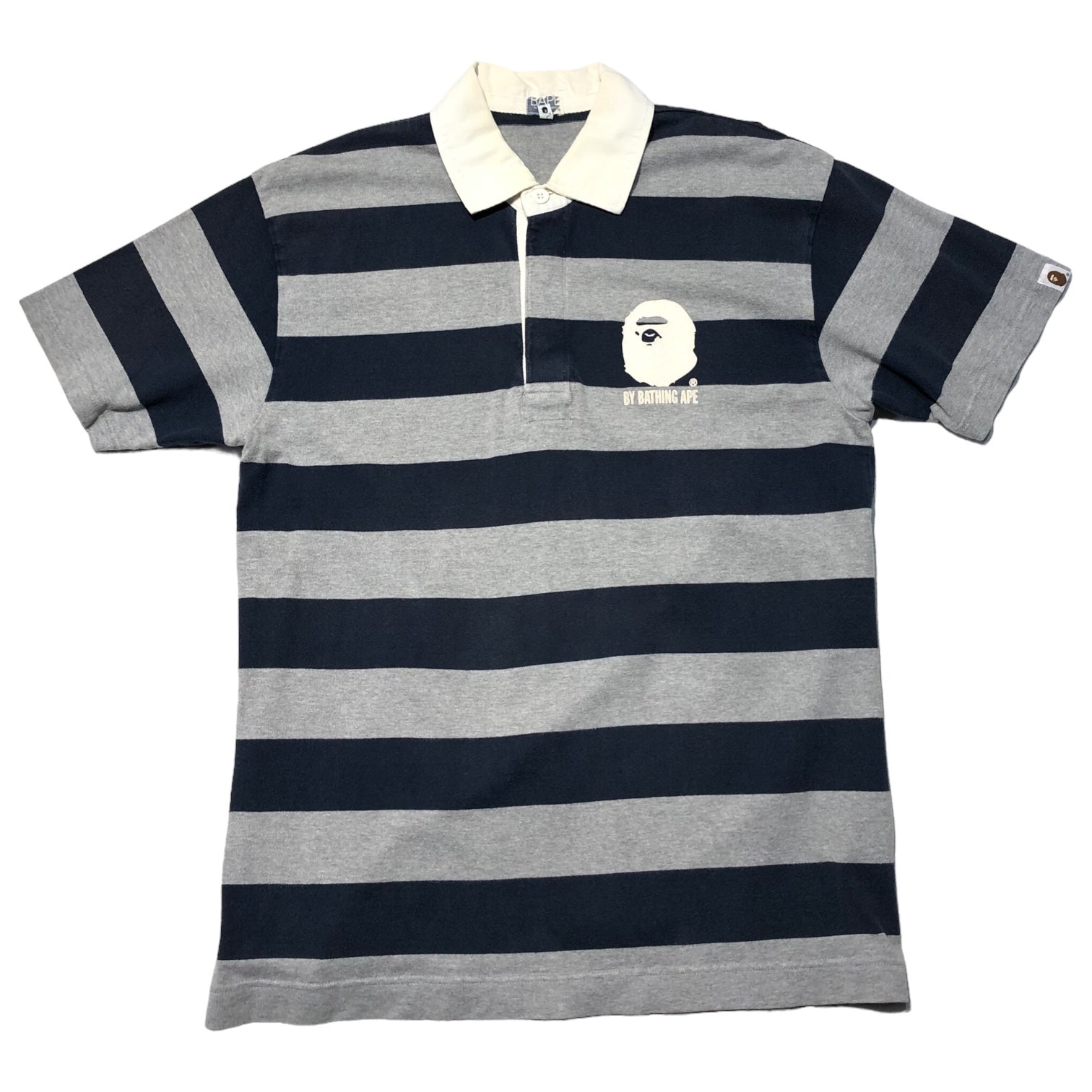 A BATHING APE(アベイシングエイプ) 00's One point logo border rugby shirt ワンポイント ロゴ ボーダー ラガー シャツ L グレー×ネイビー ポロシャツ