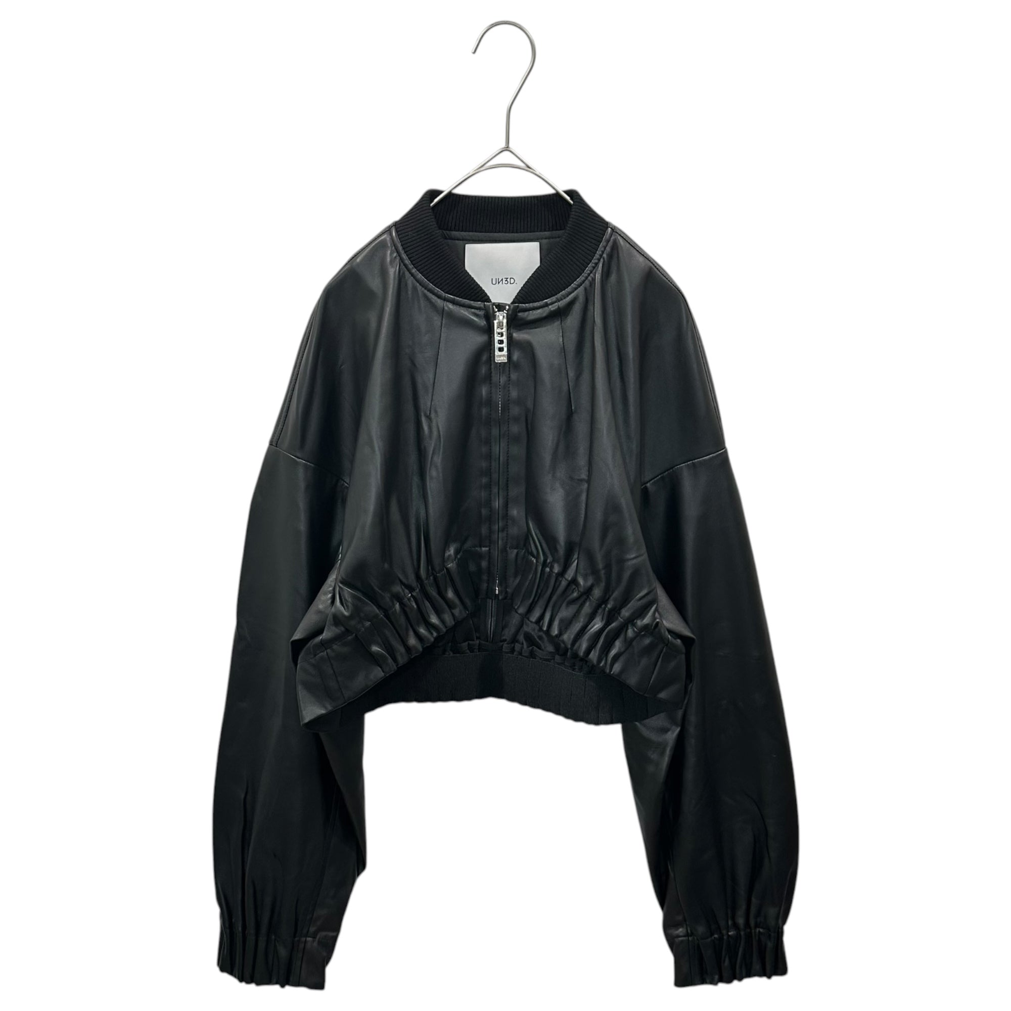 UN3D.(アンスリード) Pleated Gathered Short Blouson タック ギャザー ショート ブルゾン 522340102201-01 38 ブラック エコレザー ジャケット