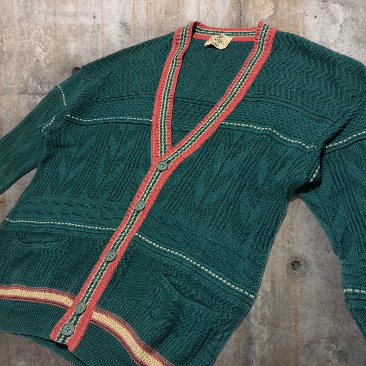 EXAMPLE BY MISSIONI(イグザンプルバイミッソーニ) 80's コットン アクリル 3D ニット カーディガン 綿 カーディガン 80年代 ヴィンテージ SIZE 50(XL程度) グリーン×ピンク