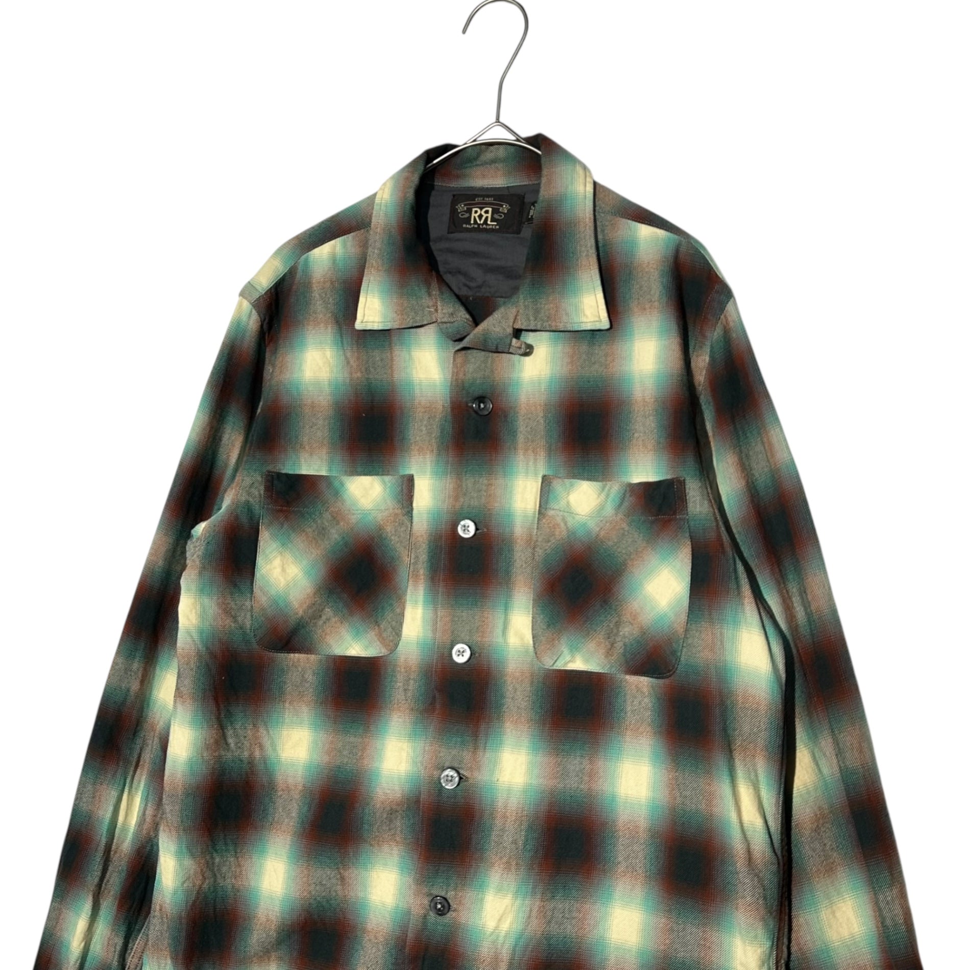 RRL(ダブルアールエル) Towns Camp L/S Sport Shirt オンブレ チェック オープンカラー 長袖 シャツ S ライトグリーン×ブラウン×ホワイト 開襟 タウンズキャンプ