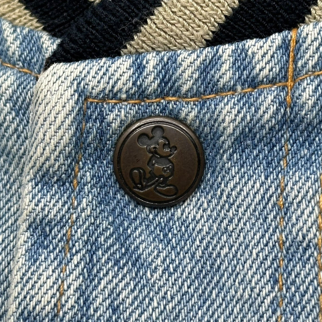 Disney(ディズニー) 90's "MICKEY MOUSE" Denim Stadium Jacket ミッキー デニム 切替 スタジャン 表記無(L程度) ライトインディゴ×カーキ 90年代 ヴィンテージ ジャケット ブルゾン 古着