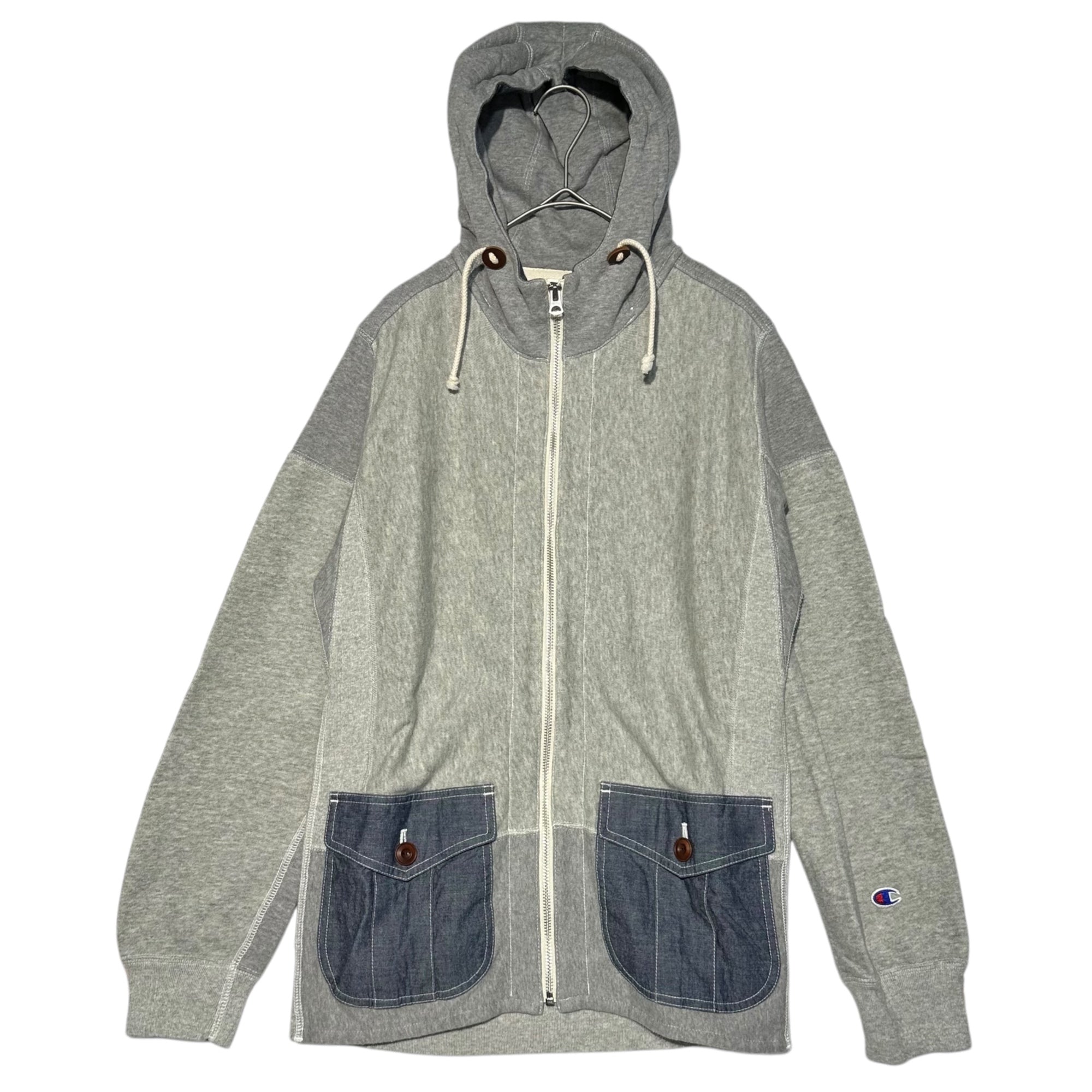 eye CdG JUNYA WATANABE MAN×Champion(アイコムデギャルソンジュンヤワタナベマン×チャンピオン) 15SS Docking Reverse Weave Zip Hoodie ドッキング リバースウィーブ ジップ パーカー WO-T917 M グレー×ネイビー AD2014