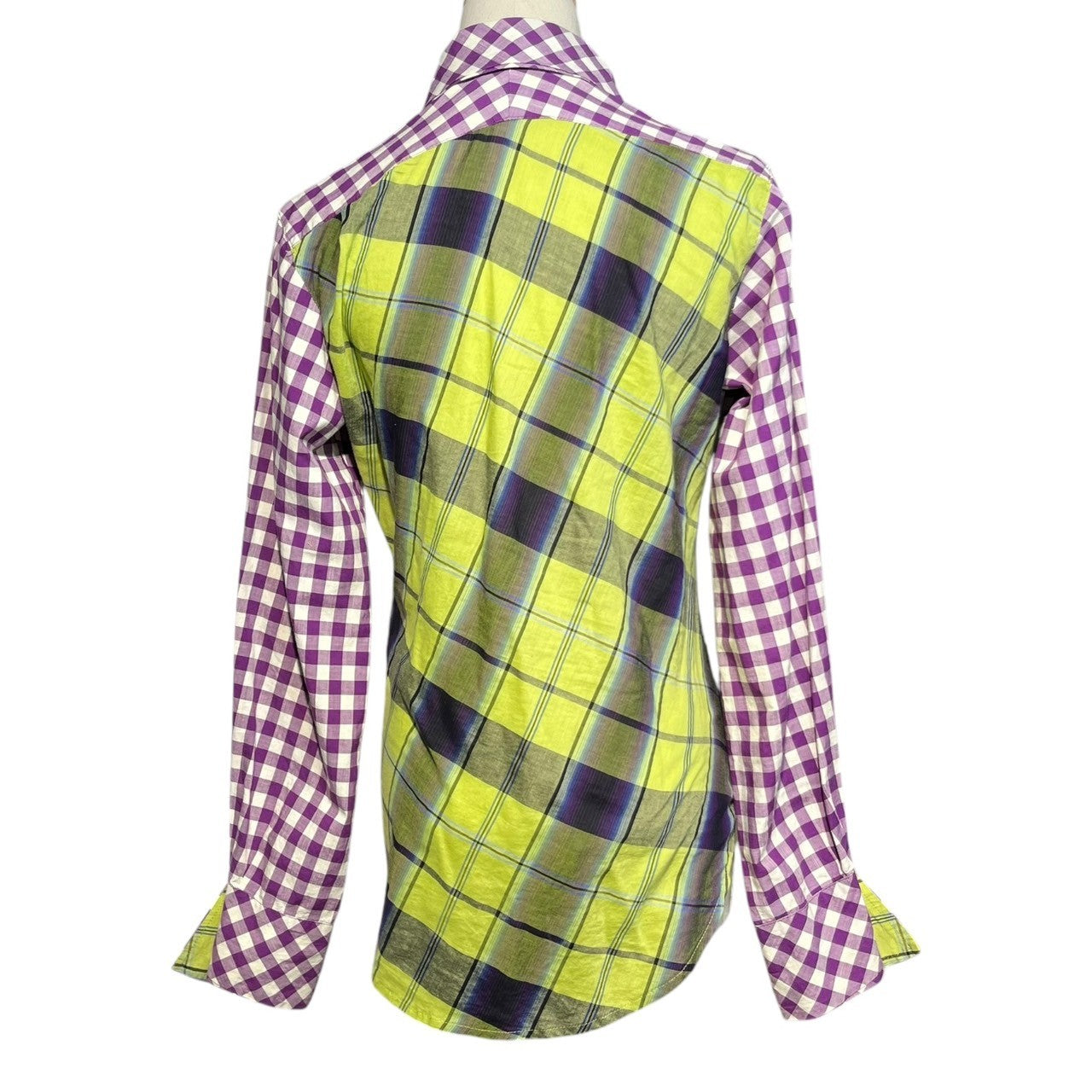 Vivienne Westwood ANGLOMANIA(ヴィヴィアンウエストウッドアングロマニア) Ant Embroidery 2 Pattern Check Switching Deformation Shirt アント 刺繍 2パターン チェック 切替 変形 シャツ 15-01-831001 40(M程度) パープル×グリーン