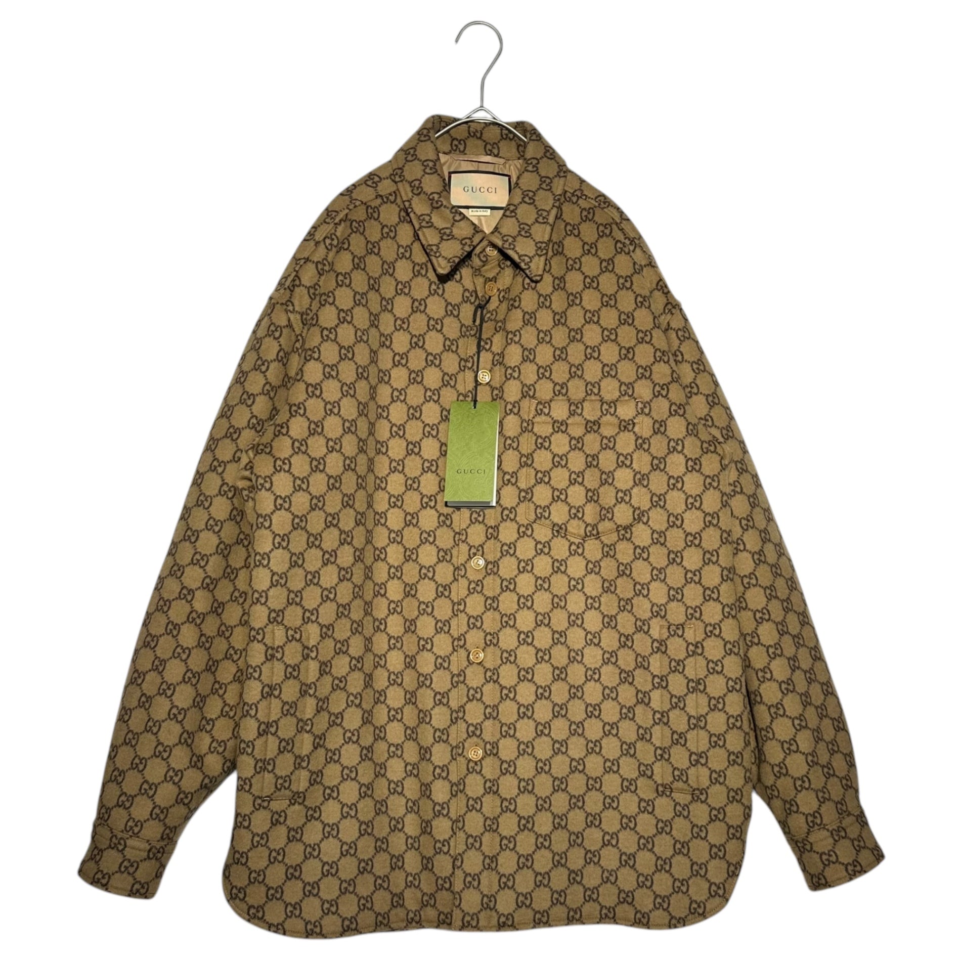 GUCCI(グッチ) 24SS ZAPDW GG Wool flannel padded over long sleeve shirt GG ウールフランネル パデッド オーバー 長袖 シャツ 762183 48 ブラウン ロゴ ジャケット