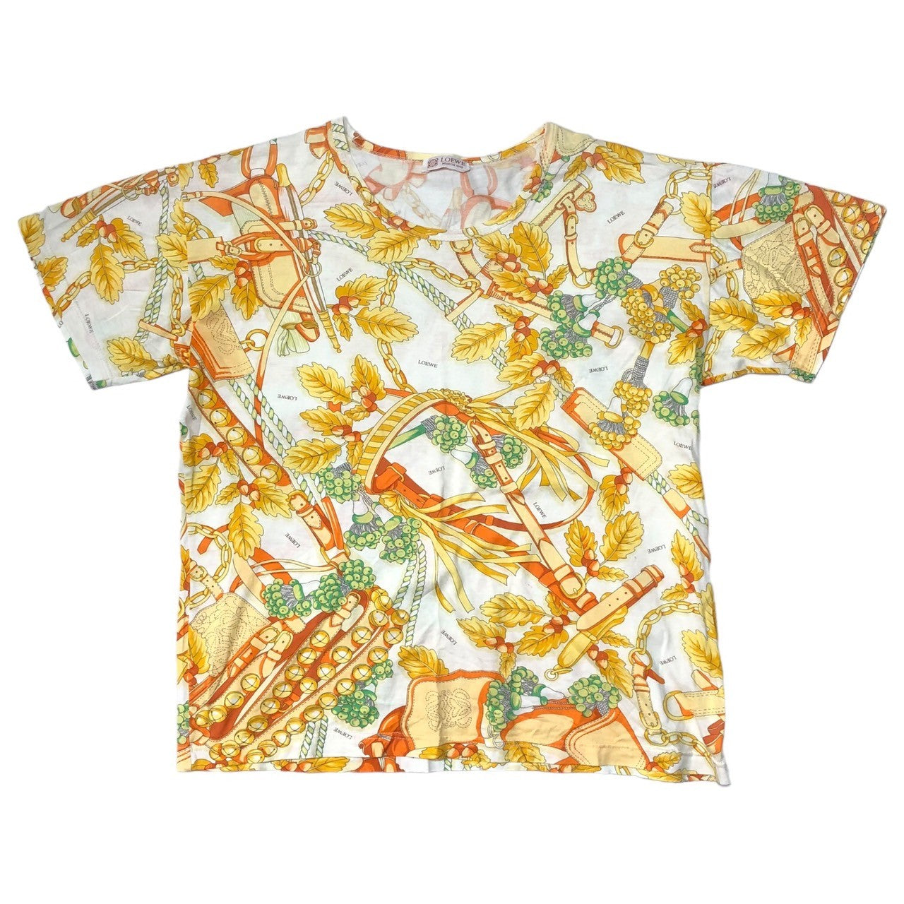 LOEWE(ロエベ) 90’s チェーンベルト ボタニカル スカーフ柄 Tシャツ 表記無し(M程度) ホワイト×イエロー 90年代 ヴィンテージ