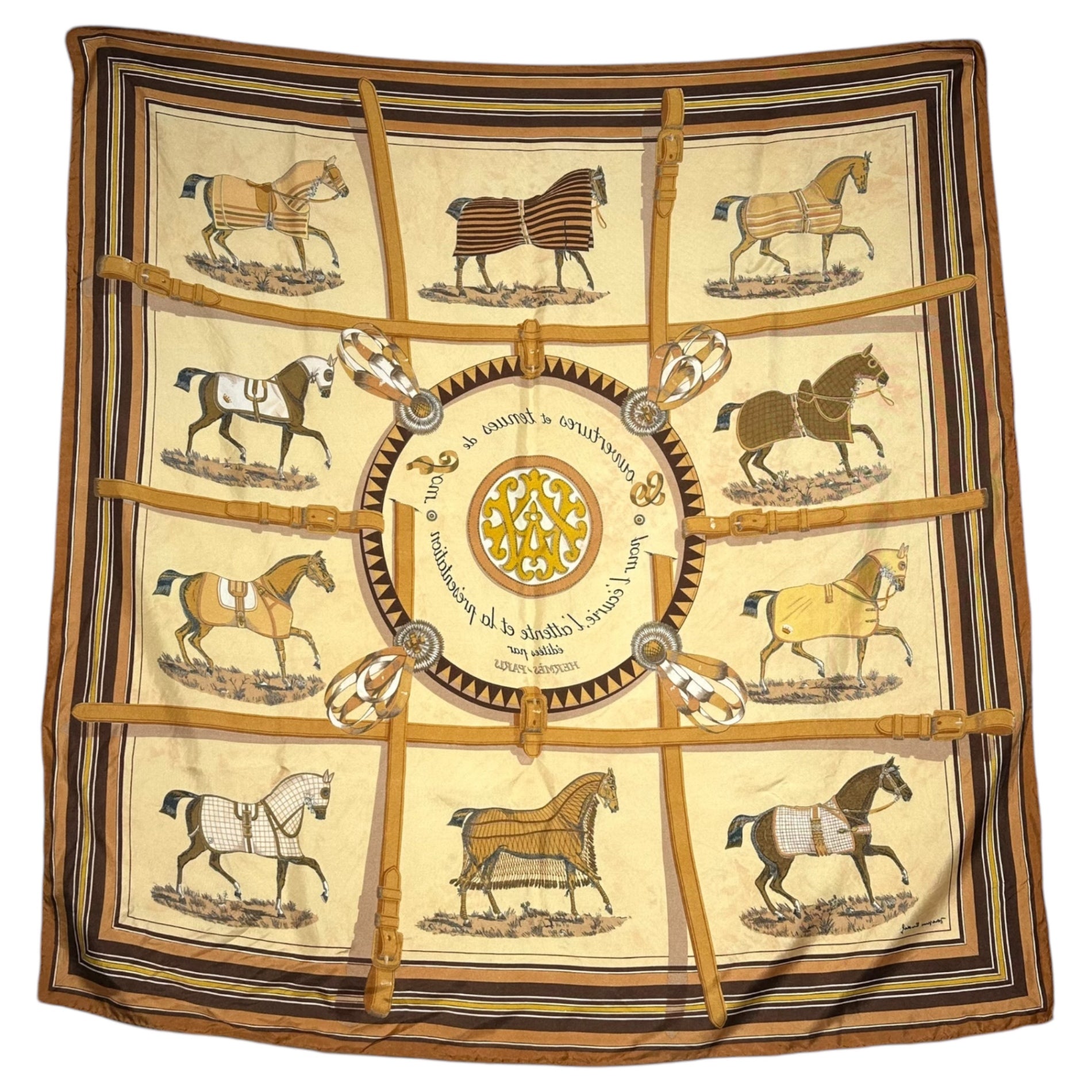 HERMES(エルメス) Carres 90 "Couvertures et tenues de jour" カレ 90 ベージュ シルク スカーフ 馬