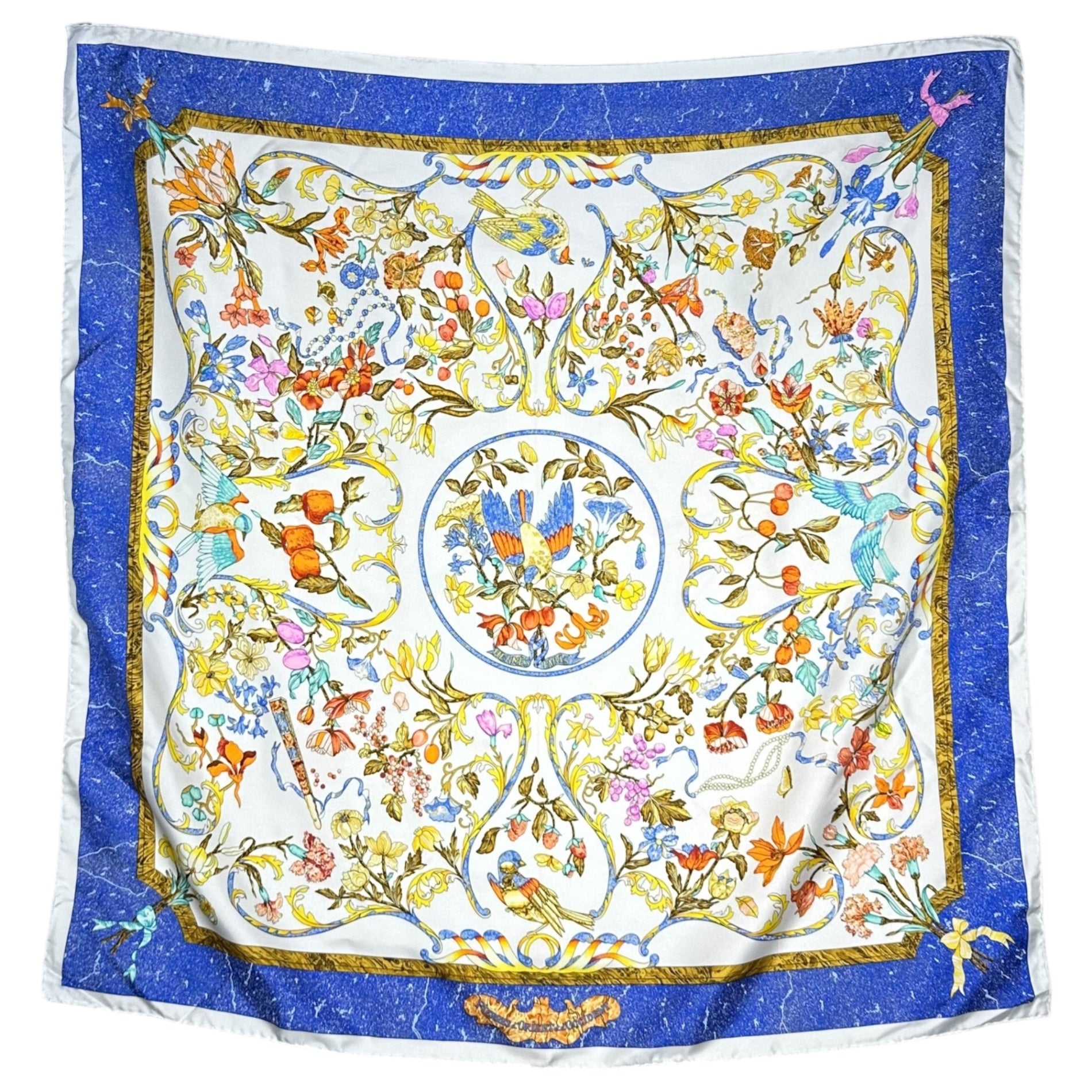 HERMES(エルメス) Oriental and Western stone work Scarf 東洋の石と西洋の石細工 スカーフ カレ ホワイト×ブルー