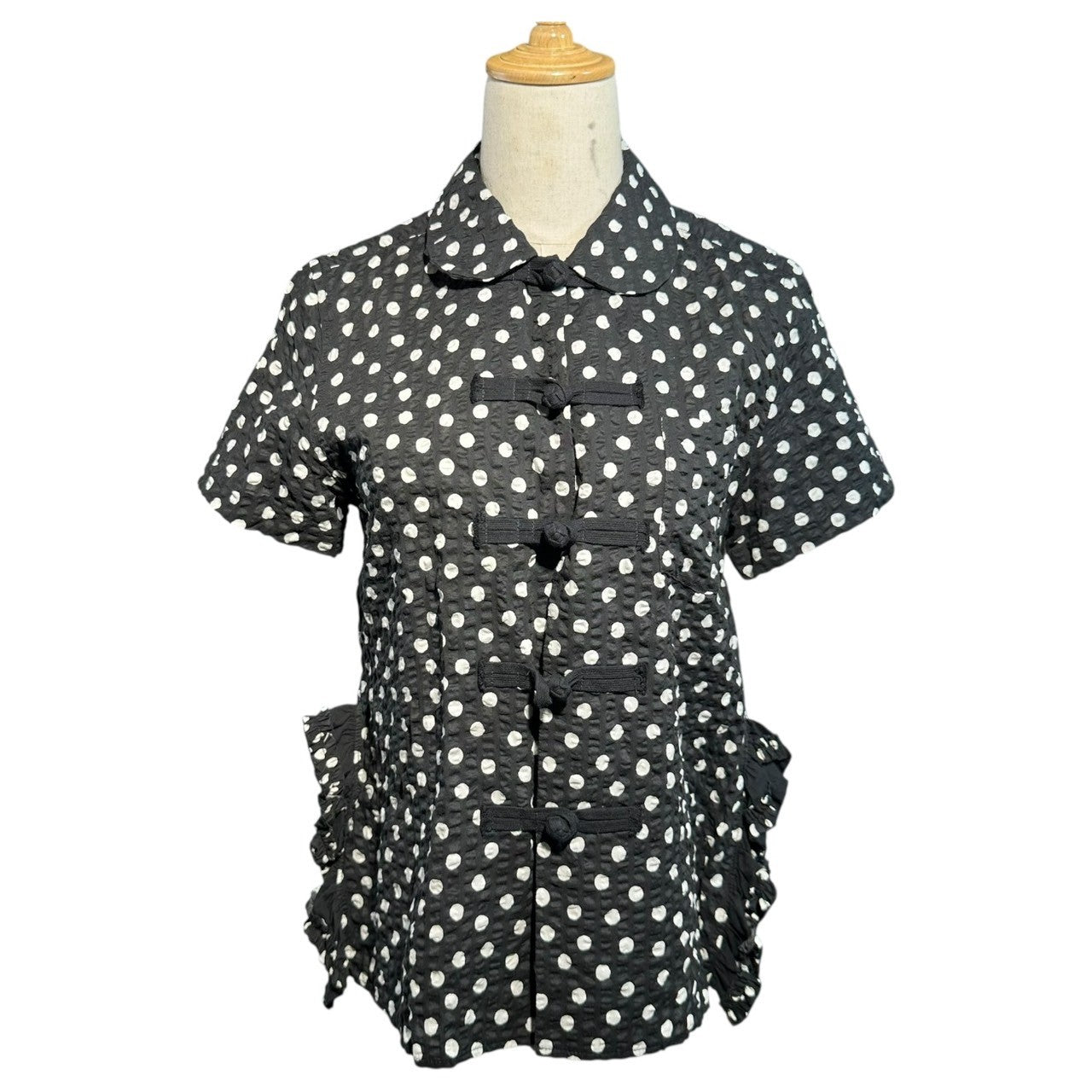 tricot COMME des GARCONS(トリココムデギャルソン) 21SS Popcorn Cotton Round Collar Dot China Button Blouse ポップコーン コットン 丸襟 ドット チャイナボタン ブラウス TG-B017 M ブラック×ホワイト AD2020