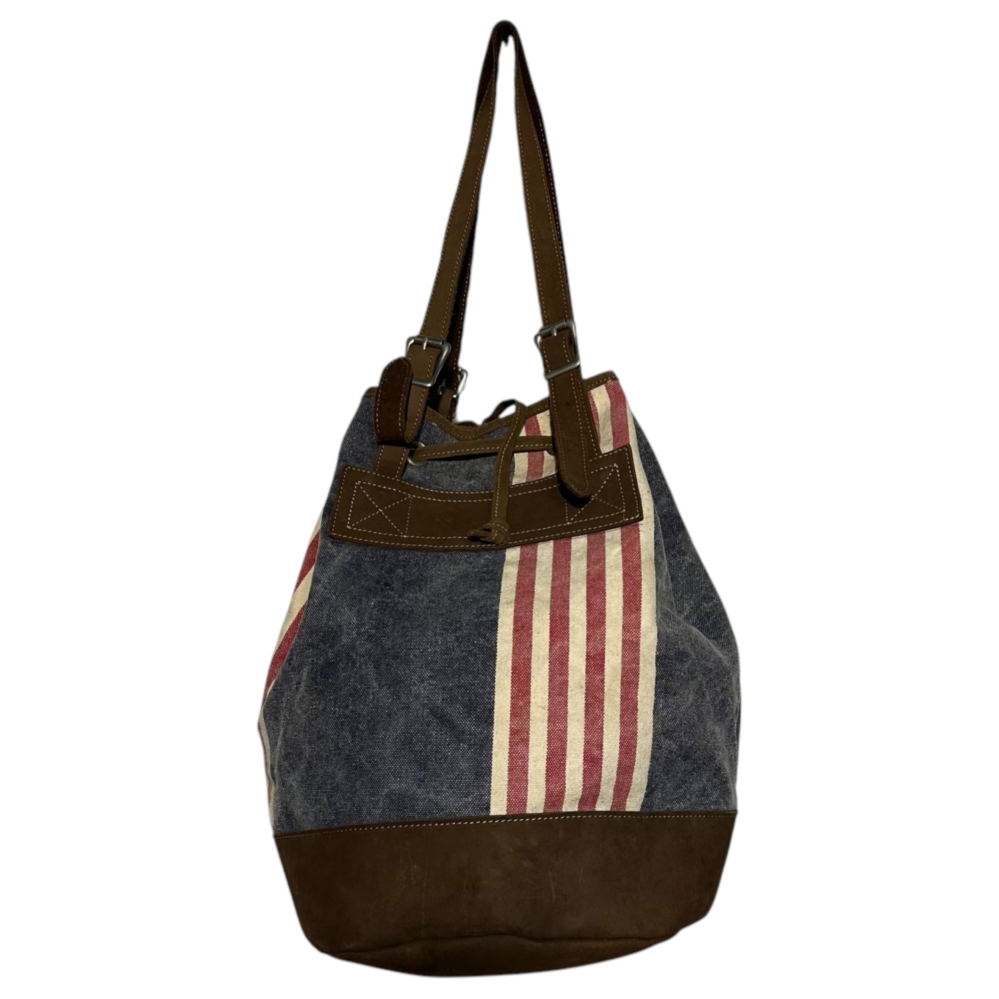 ARMANI JEANS(アルマーニジーンズ) Flag Motif Canvas Leather Tote Bag アメリカ国旗 モチーフ キャンバス レザー トート バッグ ネイビー×ブラウン