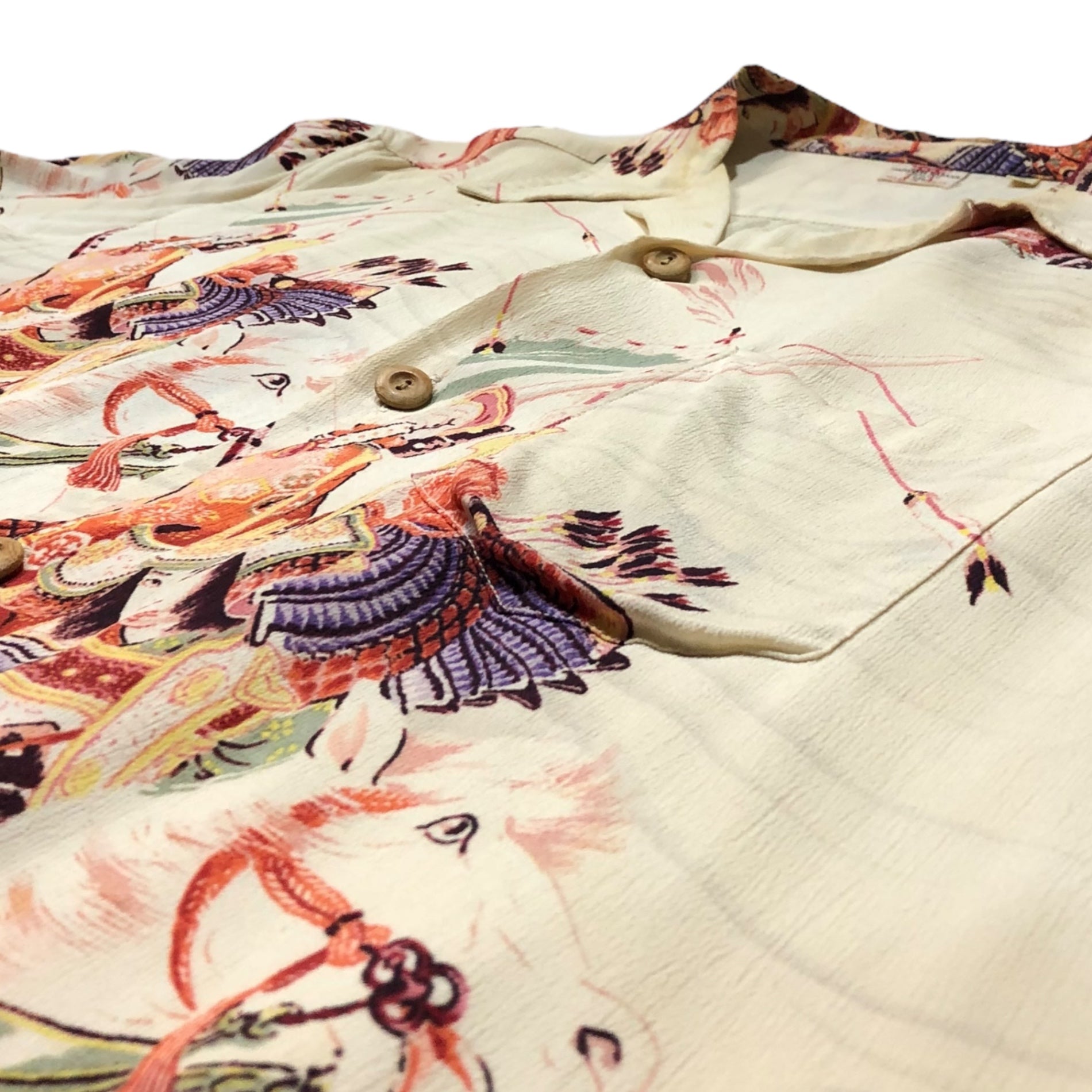SUN SURF(サンサーフ東洋) RAYON S/S SPECIAL EDITION JAPANESE BAZAAR"YOSHITUNE" レーヨン アロハ シャツ SS35068 L アイボリー 義経 武将 馬 戦国