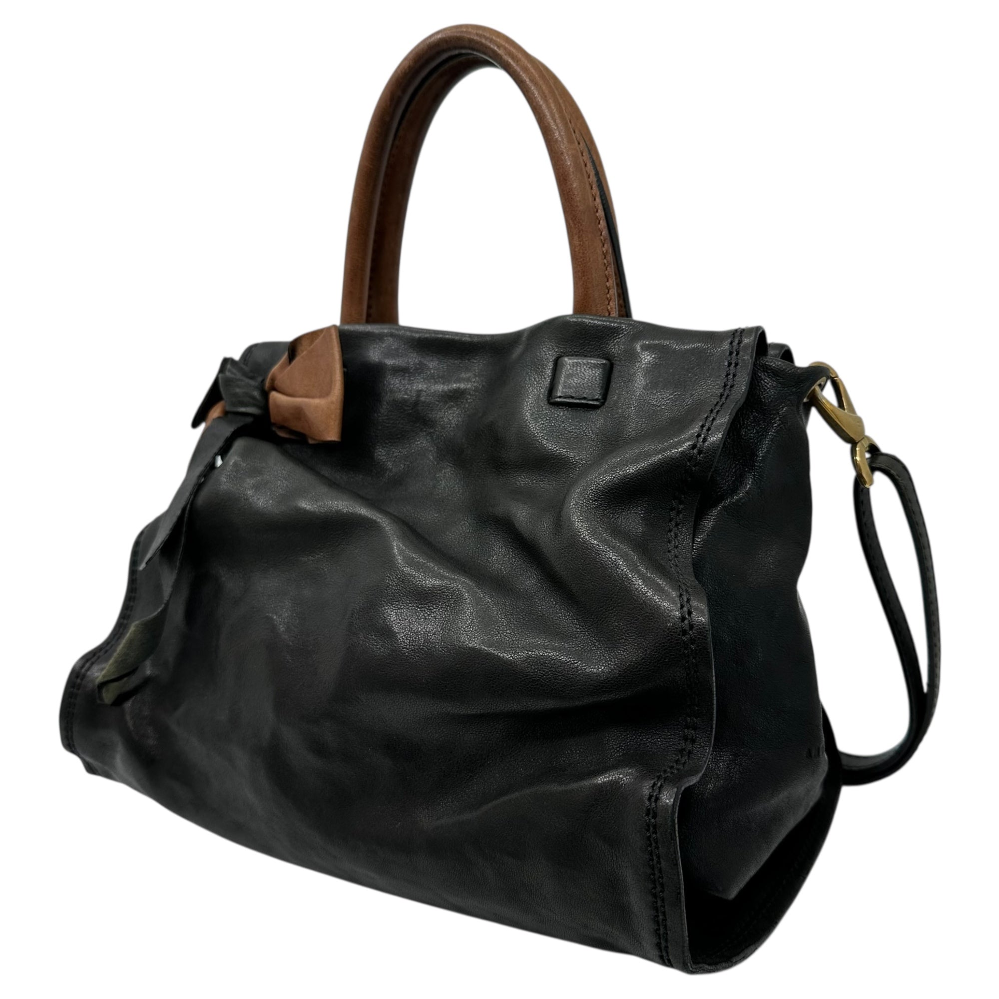 ANDREA MABIANI(アンドレアマビアーニ) 2WAY Leather Shoulder Bag リボン レザー ショルダー バッグ ブラック イタリア製