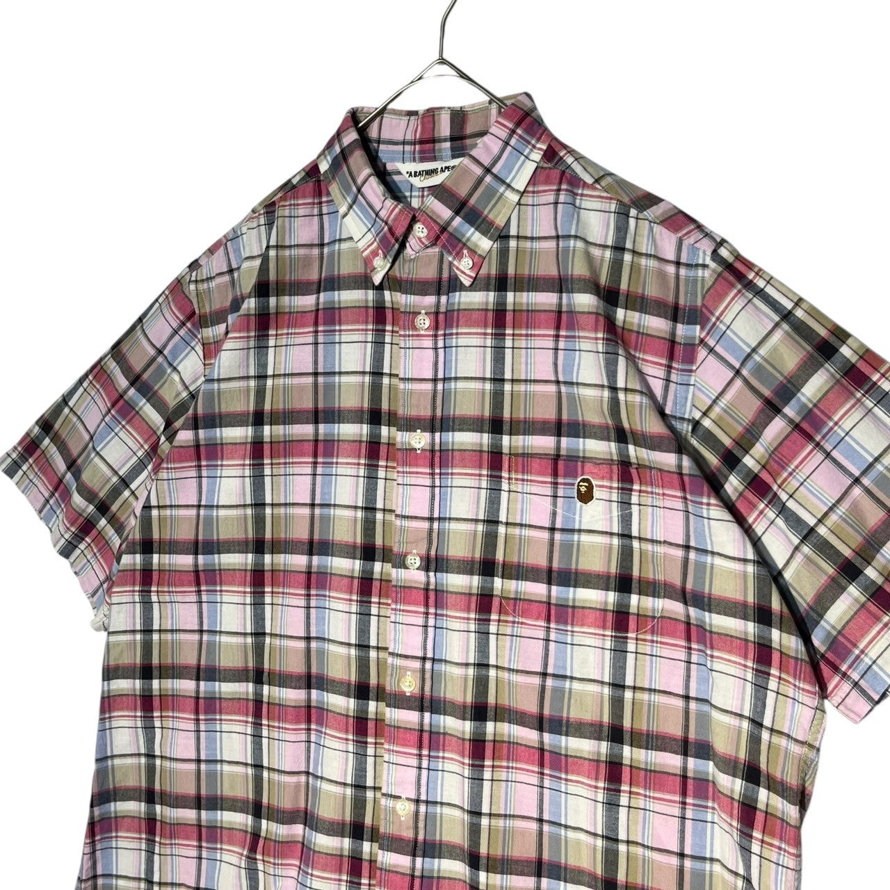 A BATHING APE(アベイシングエイプ) 00's One point logo check S/S shirt ワンポイントロゴ 半袖 シャツ XL ピンク×ブラウン