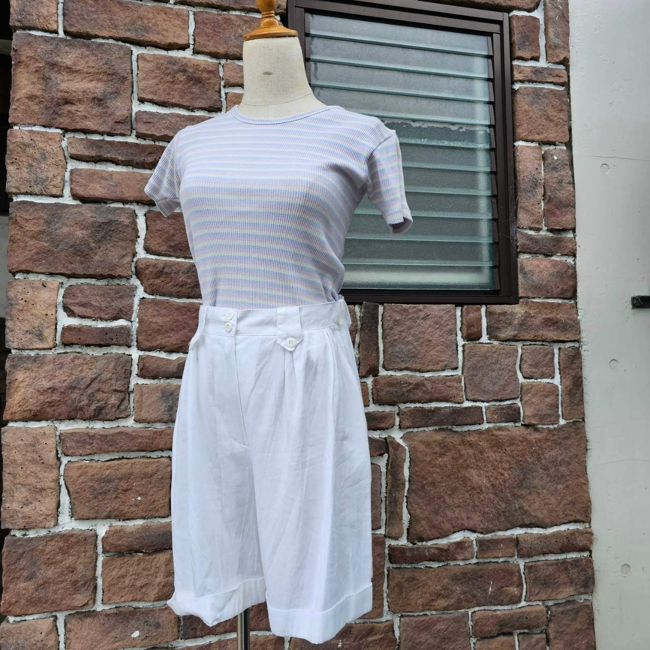 Euro vintage(ヨーロッパヴィンテージ) 70's~pale blue pink white pin stripe mini tee ペールトーンなミニTシャツ Sサイズ マルチカラー