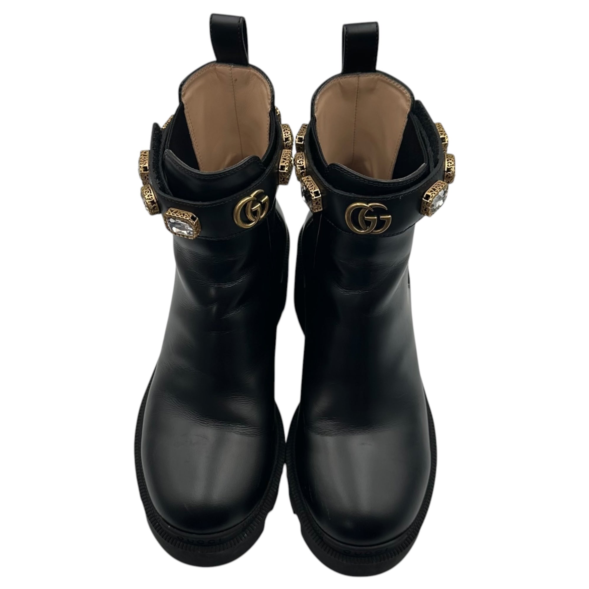 GUCCI(グッチ) Black Leather Ankle Boot With Belt GG マーモント クリスタル サイドゴア ブーツ 550036 37(24cm程度) ブラック