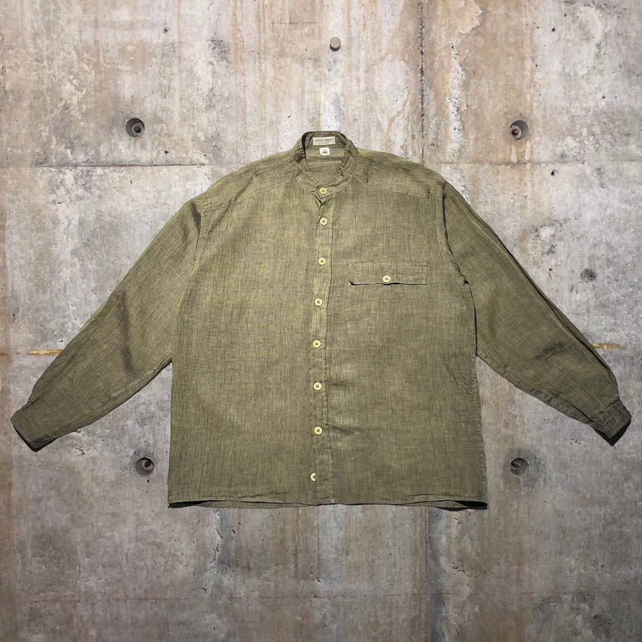 GIORGIO ARMANI(ジョルジオアルマーニ) 90'sバンドカラー1フラップリネンシャツ M ブラウン