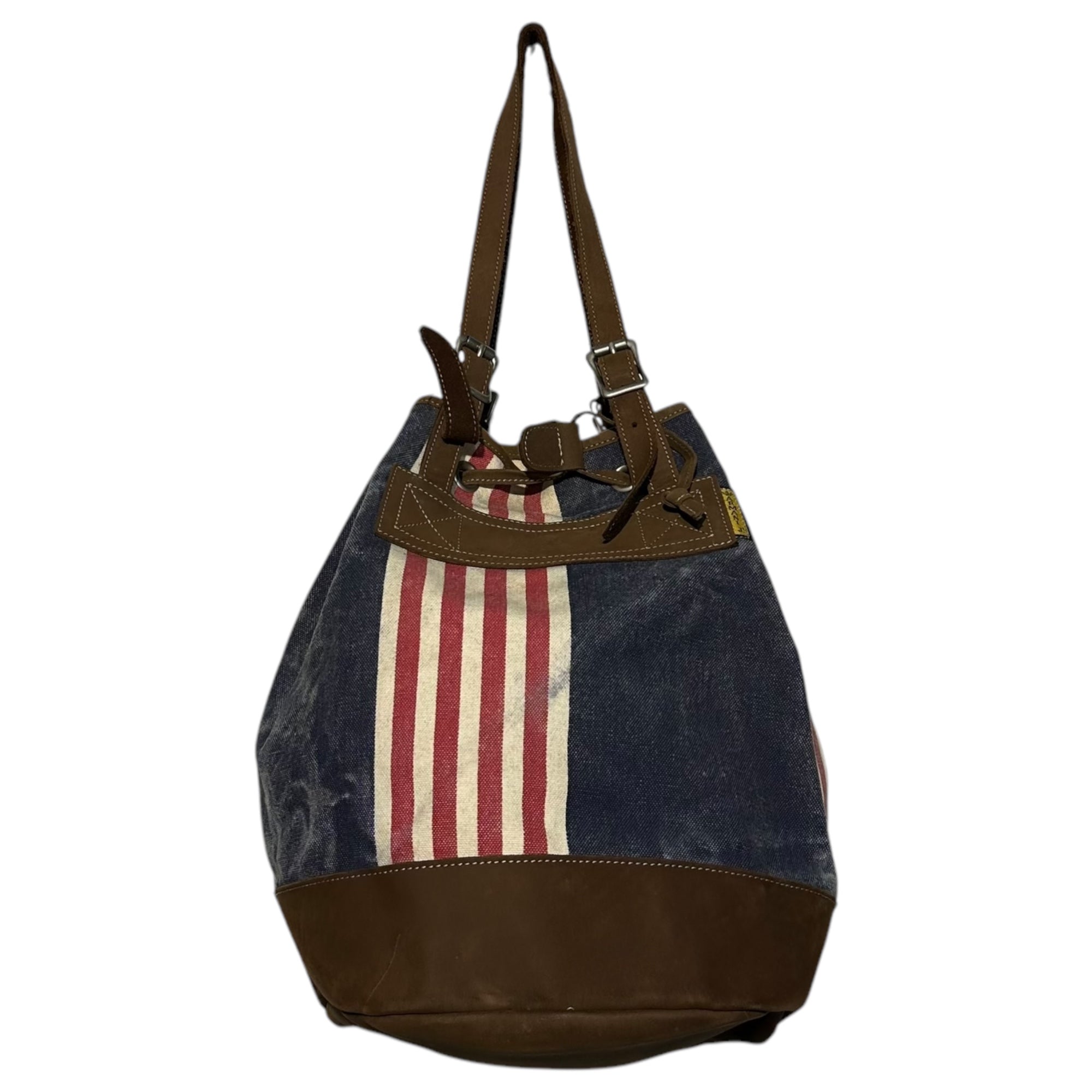 ARMANI JEANS(アルマーニジーンズ) Flag Motif Canvas Leather Tote Bag アメリカ国旗 モチーフ キャンバス レザー トート バッグ ネイビー×ブラウン