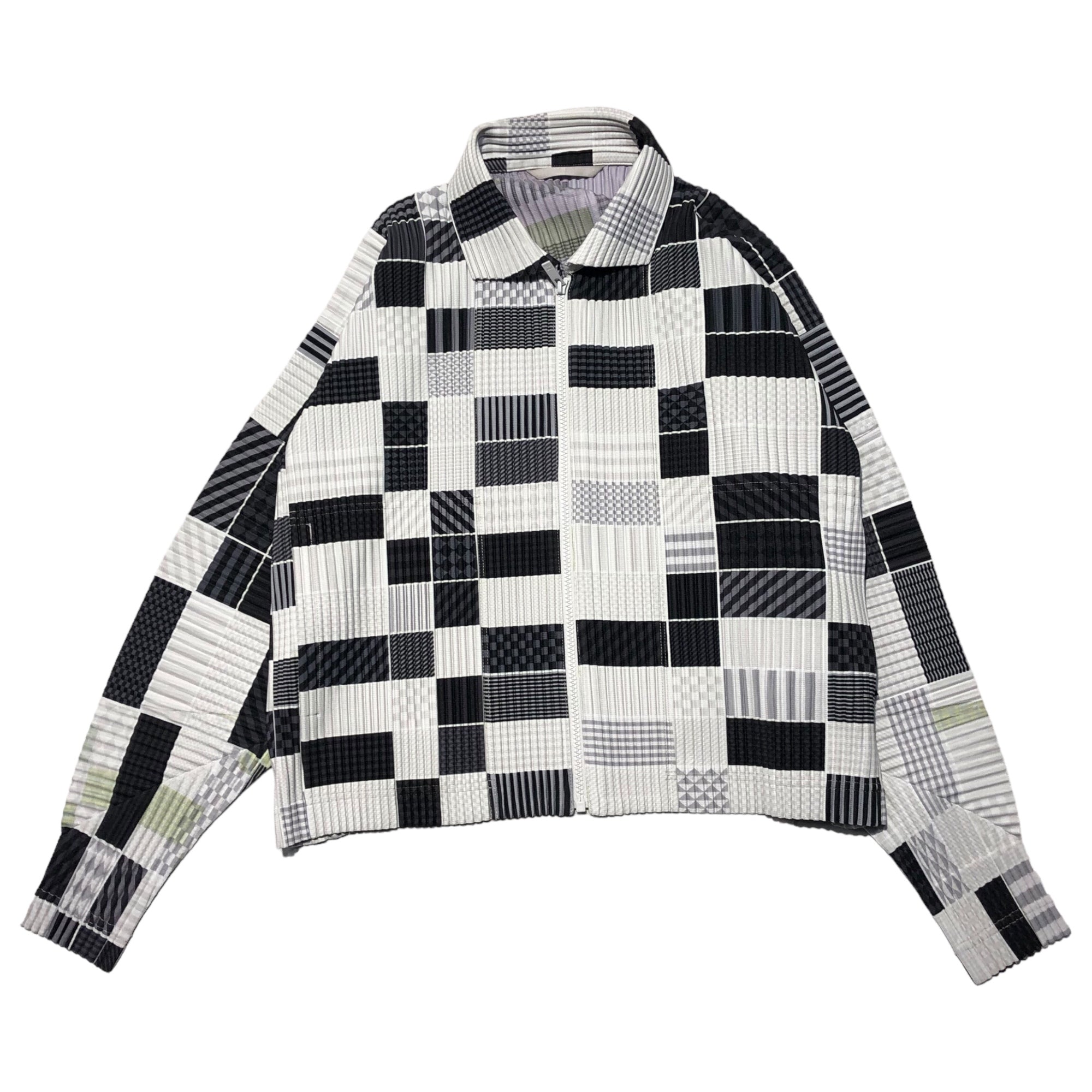 HOMME PLISSE ISSEY MIYAKE(オムプリッセイッセイミヤケ) 21SS Random check pleat zip-up jacket ランダム チェック プリーツ ジップアップ ジャケット HP11-JL228-96 2(M) ライトグレー×ブラック