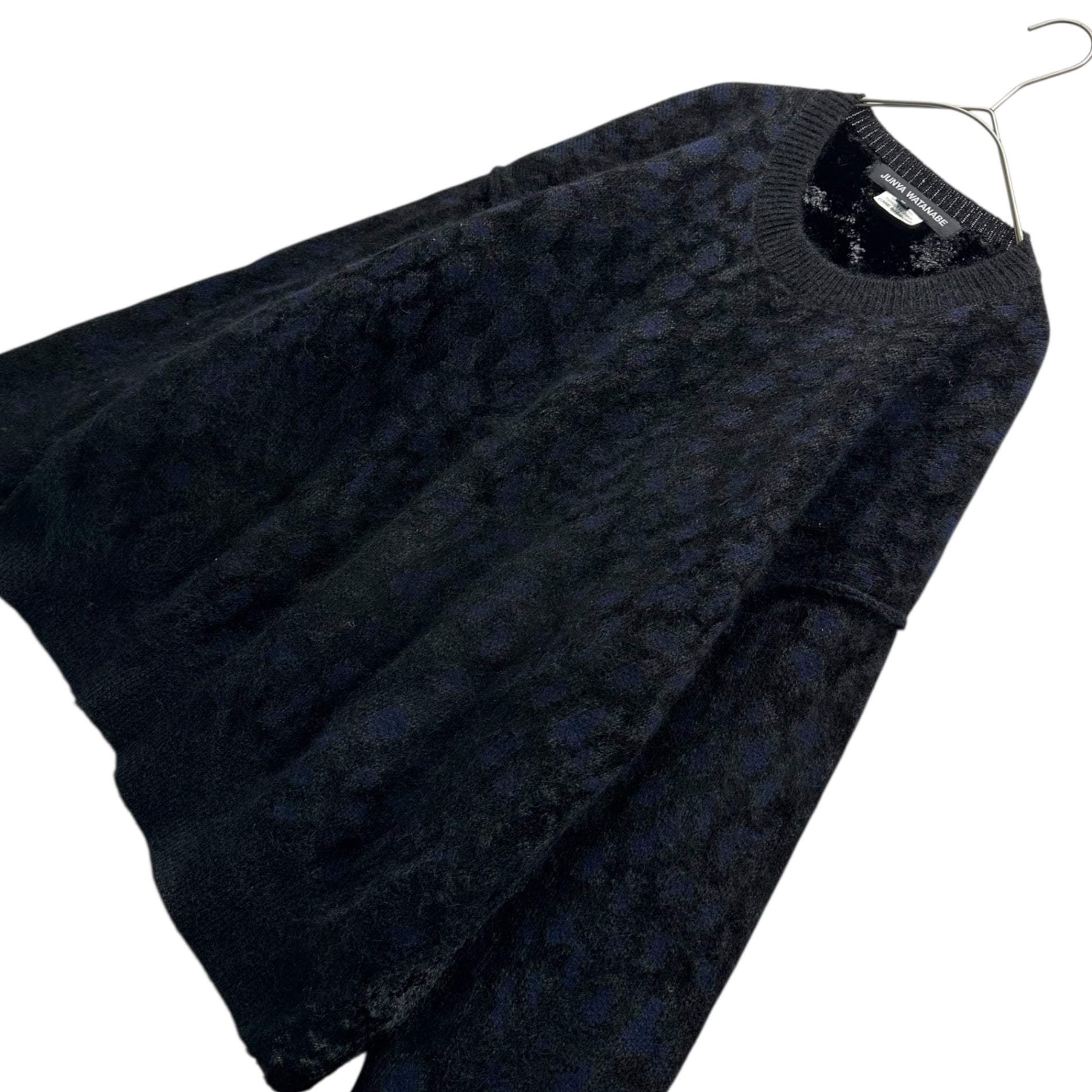 JUNYA WATANABE(ジュンヤワタナベ) 22AW Animal Print Velvet-Style Back Panel Crew Neck Knit アニマル柄 背面ベルベット風素材 切替 クルーネック ニット JJ-N041 S ネイビー×ブラック AD2022