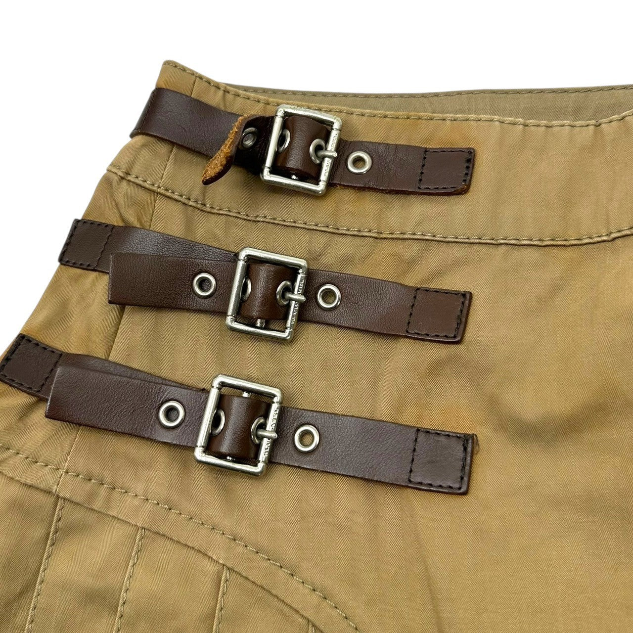 BURBERRY BLUE LABEL(バーバリーブルーレーベル) 00's Side Leather Adjuster Pleated Mini Skirt サイド レザー アジャスター プリーツ ミニ スカート FL570-459-65 36(S程度) カーキ