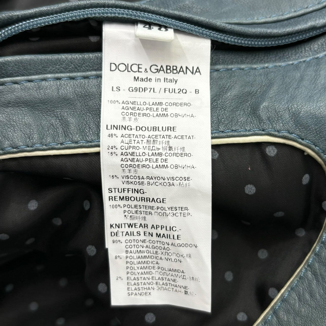 DOLCE&GABBANA(ドルチェ&ガッバーナドルガバ) Inner dot print quilted hooded leather blouson 内ドットプリント キルティング フーデッド レザー ブルゾン G9DP7L/FUL2Q 48 ブルー