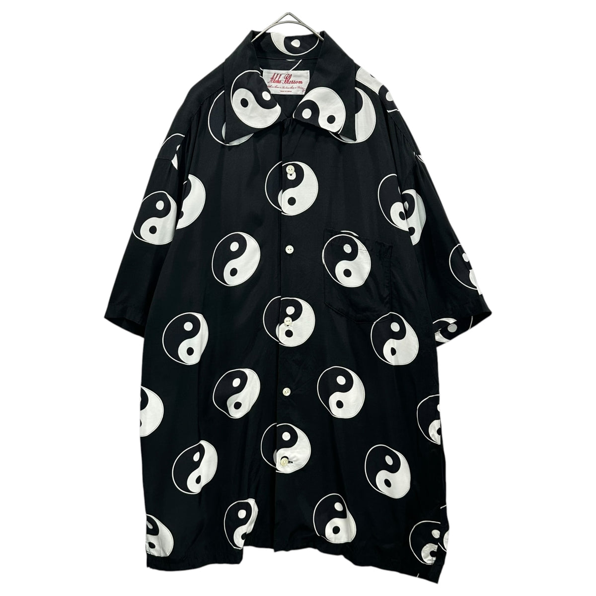 Aloha Blossom(アロハブロッサム) YING&YANG SHORT SLEEVE BLACK 陰陽 アロハ シャツ 44 ブラック×ホワイト 半袖 オープンカラー レーヨン