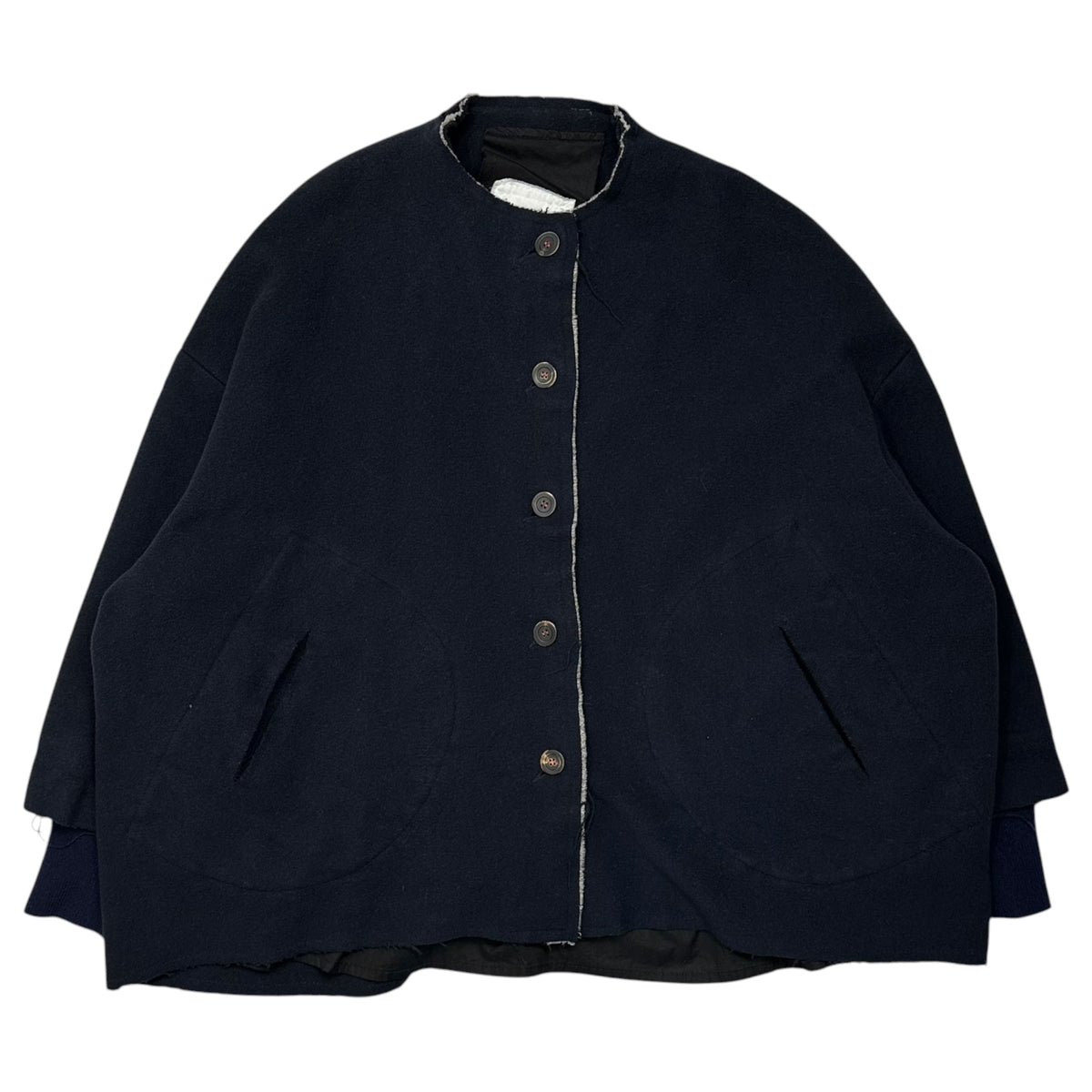 H+ HANNOH WESSEL(アッシュプリュスアノーヴェセル) Wo/ Co Collarless Layered Jacket ノーカラー コットン ウール レイヤード ジャケット 42 ネイビー