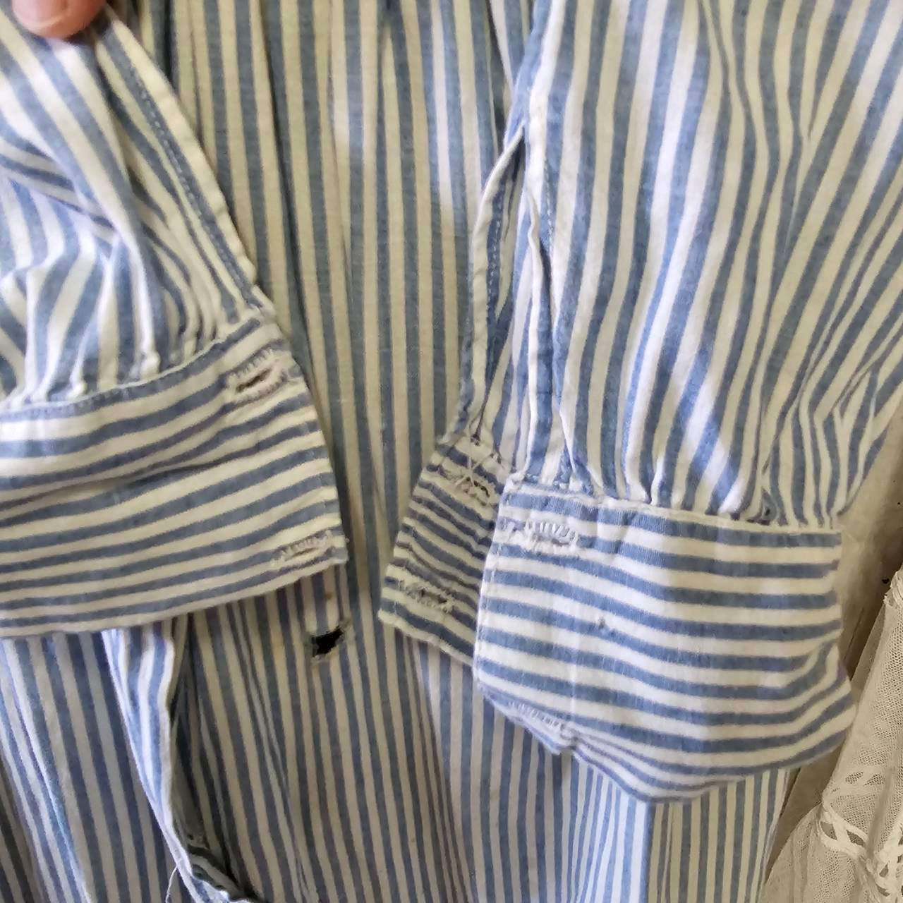 Euro antique(ヨーロッパアンティーク) 20's~ frenchcuffs cotton gather stripe onepiece フレンチカフスのコットンギャザーロングワンピース 表記無し(M~L程度) / 細かなダメージ有 ブルー×ホワイト