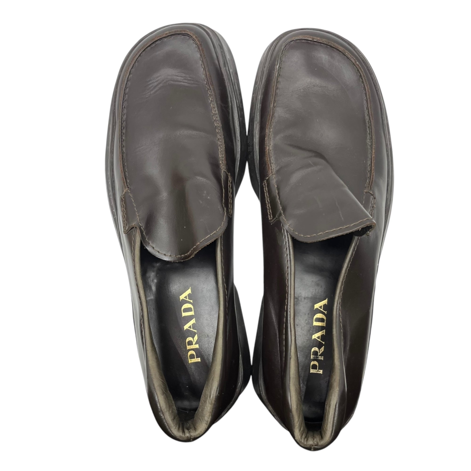 PRADA(プラダ) 00's Square toe platform leather loafers スクエアトゥ 厚底 レザー ローファー 9(27cm~27.5程度) ブラウン シューズ 革靴