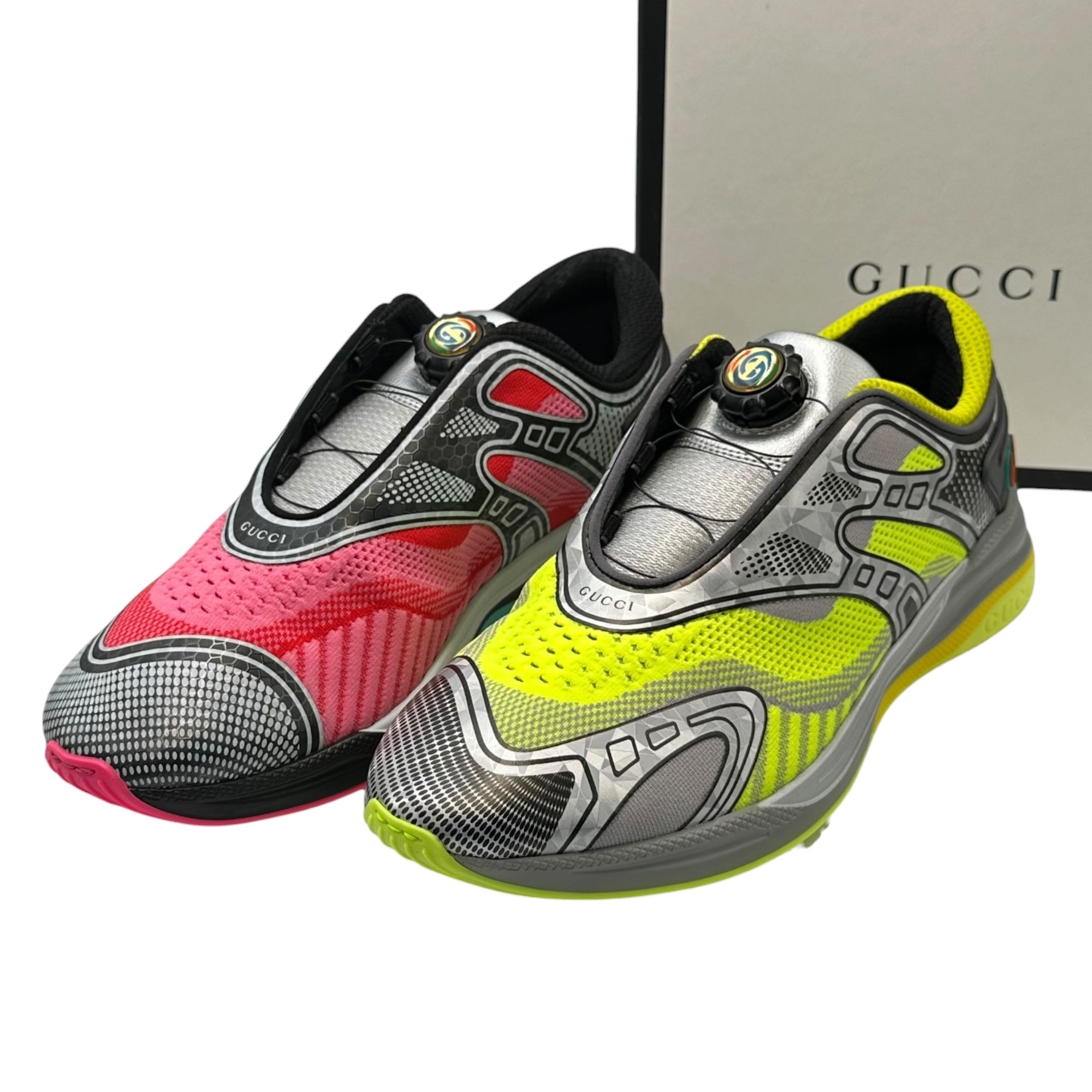 GUCCI(グッチ) 20SS Ultrapace R Mismatched - Neon Pink Yellow ウルトラペース R ワイヤー ダイヤル スニーカー 623151 8(27cm程度) イエロー×ピンク ディスク アシンメトリー