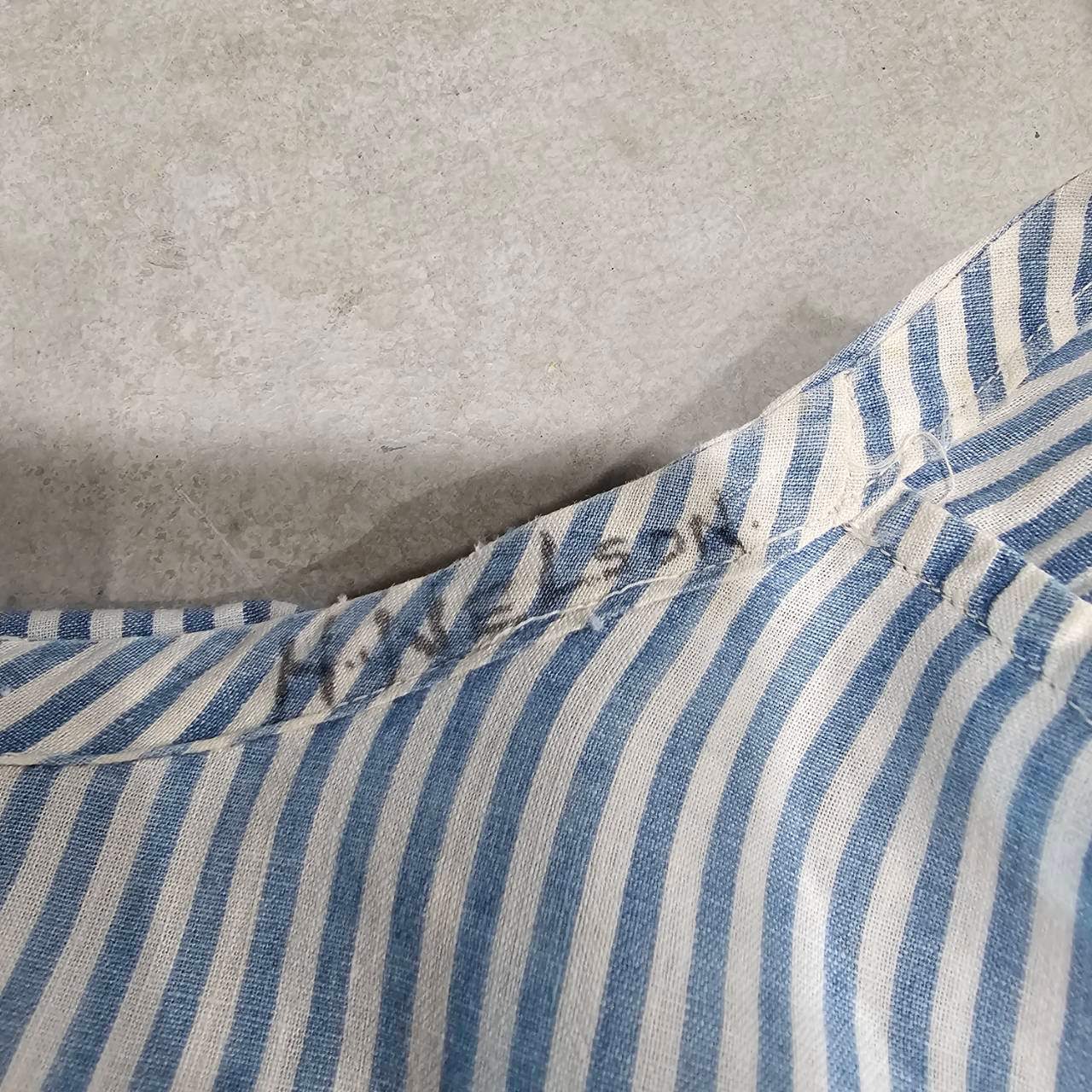 Euro antique(ヨーロッパアンティーク) 20's~ frenchcuffs cotton gather stripe onepiece フレンチカフスのコットンギャザーロングワンピース 表記無し(M~L程度) / 細かなダメージ有 ブルー×ホワイト